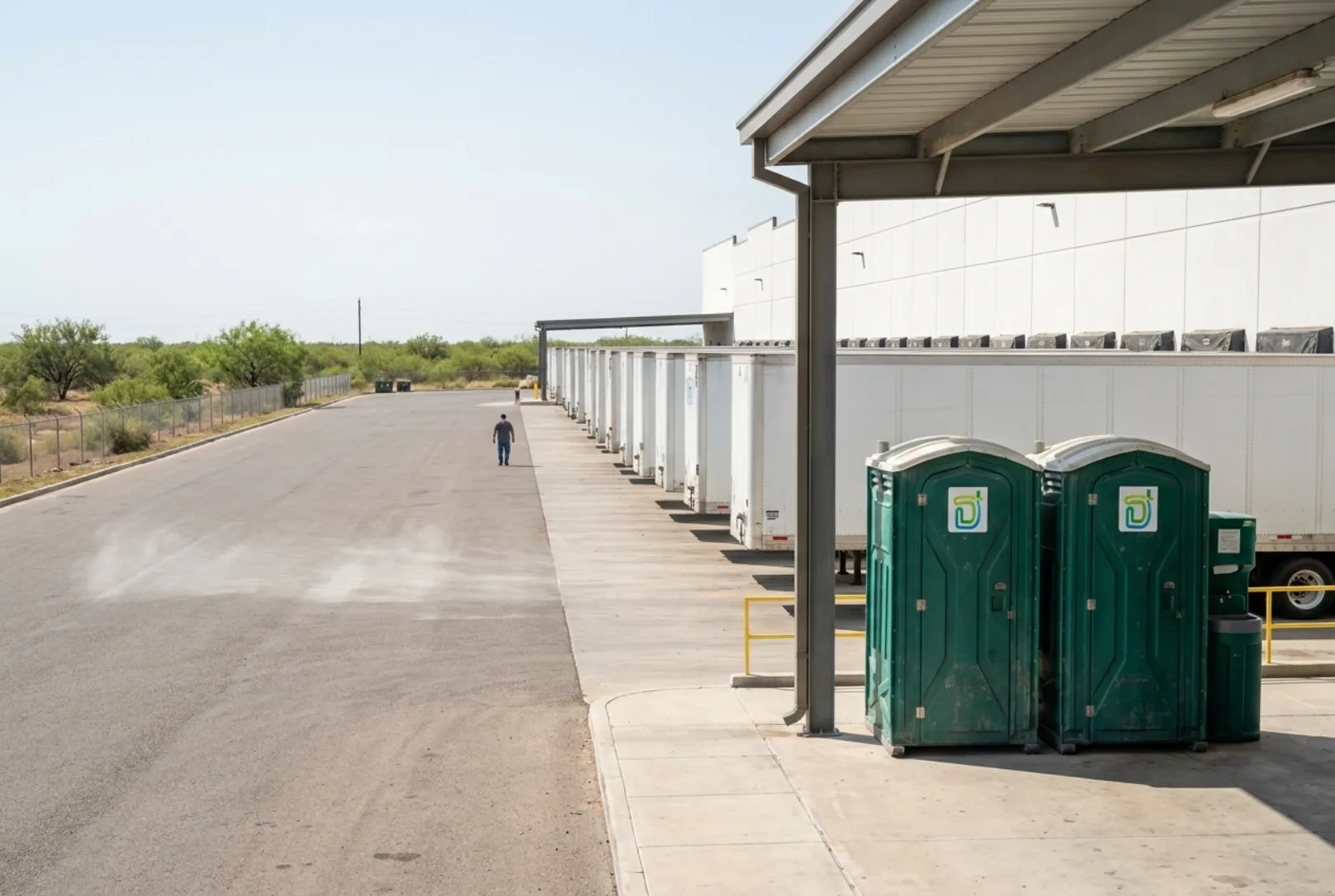 Two portable toilets and a hand-wash station in the shade of a metal canopy at a Laredo cross-dock truck yard, with rows of semi-trailers at the dock doors under a hazy summer sky.