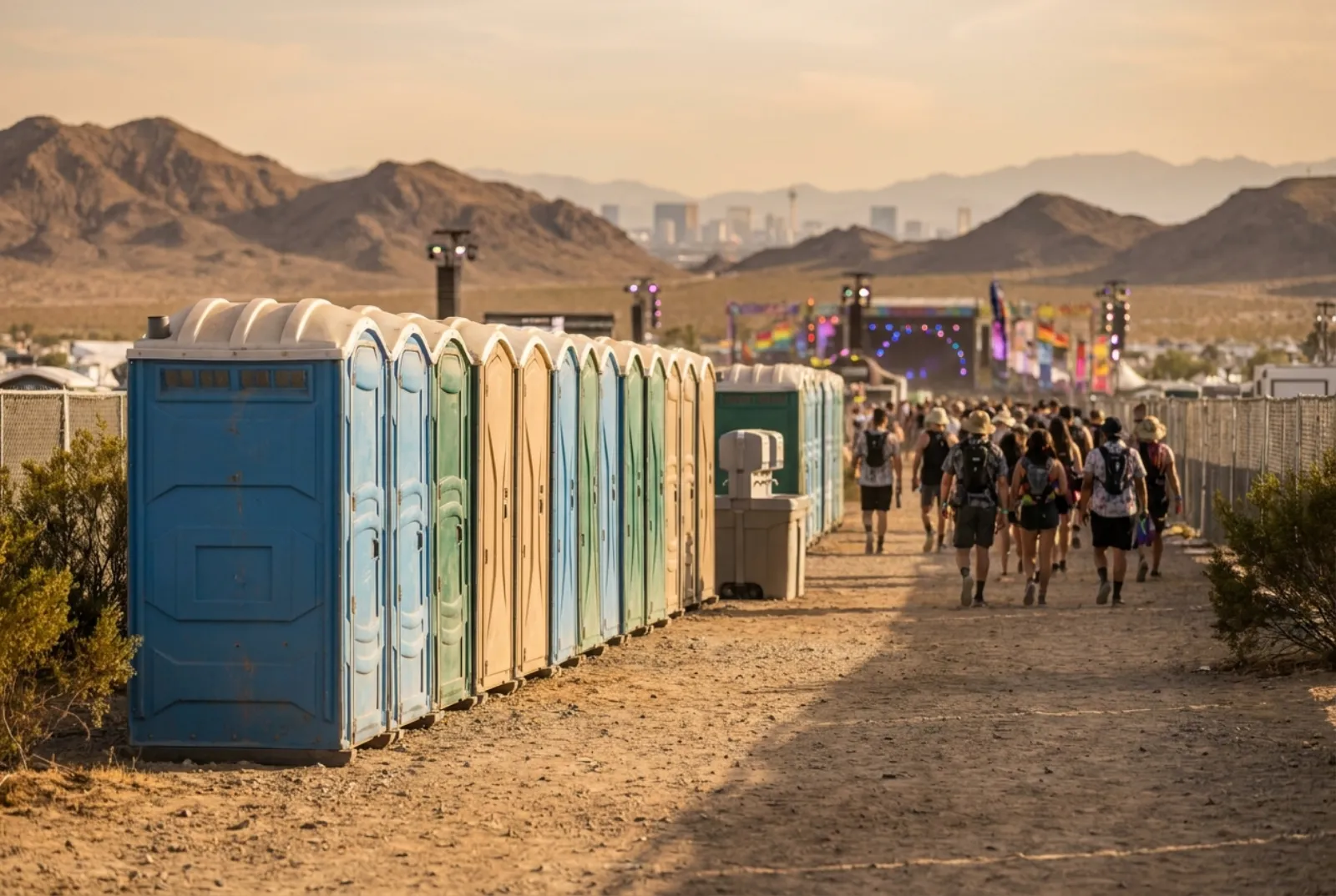 A long row of portable toilets and hand-wash stations at a desert festival ground at golden hour, with bare mountains and a distant city skyline behind