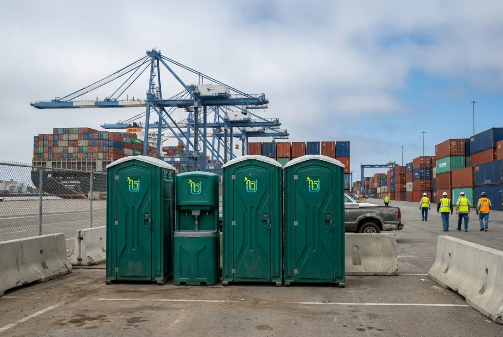 Three portable toilets and a hand-wash station on paved ground beside a container yard at the Port of Long Beach, with gantry cranes, stacked containers, and a ship under a marine-layer overcast