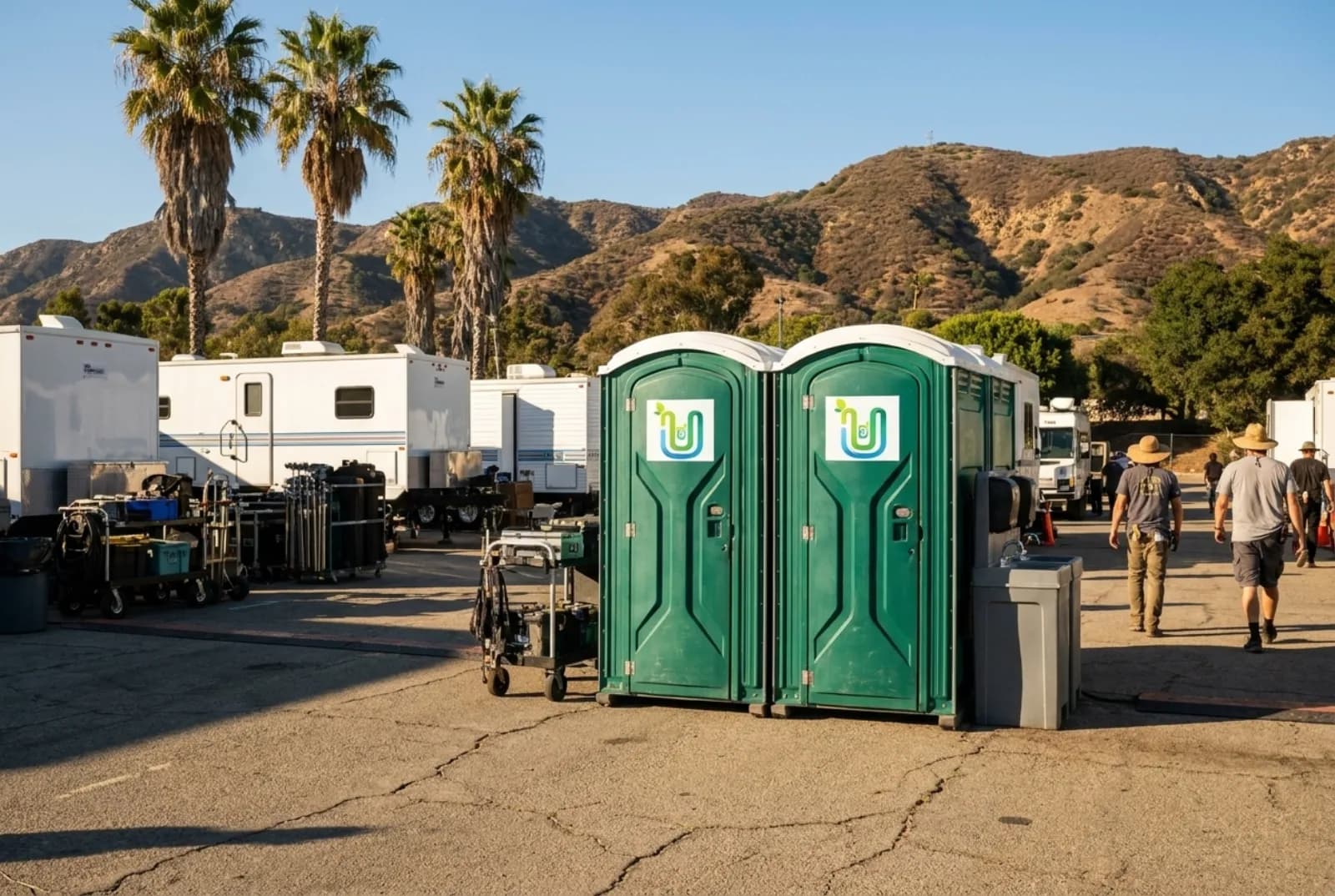 Two green portable toilets and a hand-wash station on level asphalt beside production trailers, with palm trees and dry brown hills behind under a clear sky