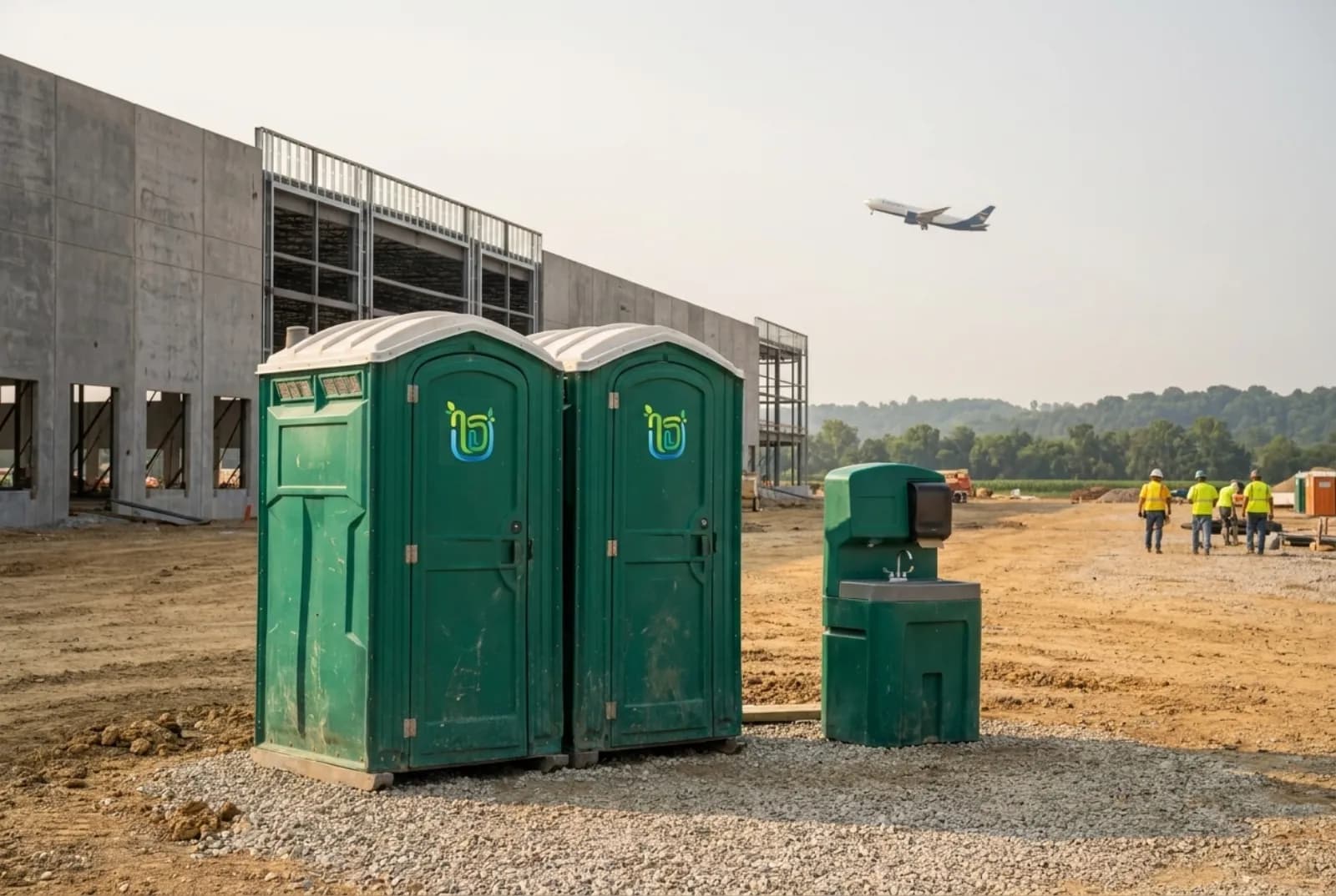 Two green portable toilets and a hand-wash station on gravel inside a fenced warehouse construction site, with loading docks, a green treeline, and a cargo jet in the hazy sky