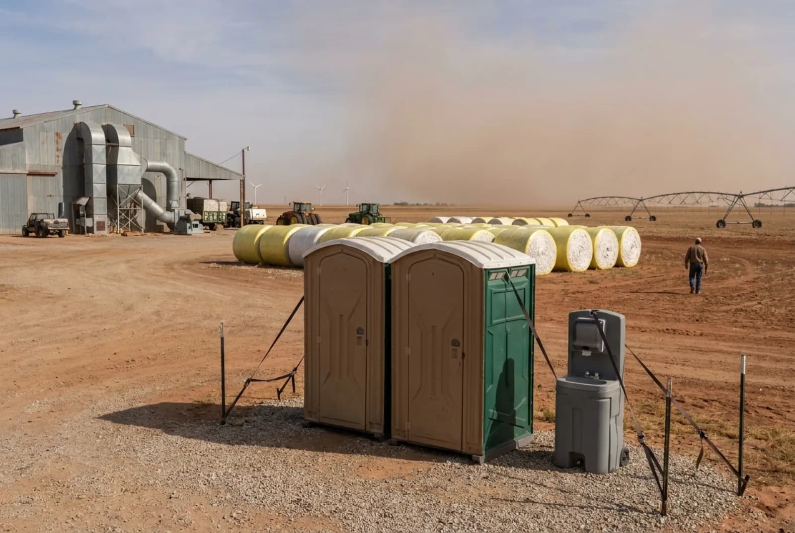 Two portable toilets and a hand-wash station strapped to stakes on a gravel pad at a South Plains cotton gin yard, with rows of cotton modules and a band of blowing dust on the flat horizon.