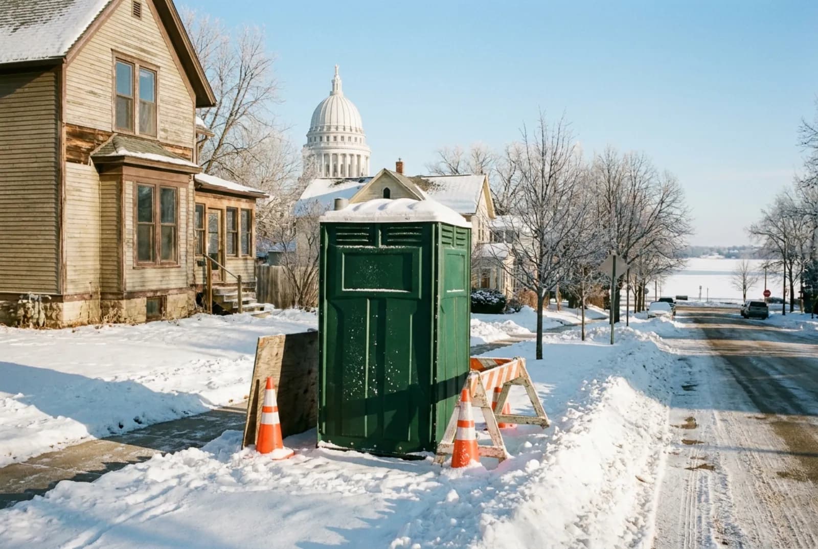 A portable toilet on a plowed curb terrace beside a house renovation on Madison's near east side in winter, marked with cones, with the Capitol dome beyond.