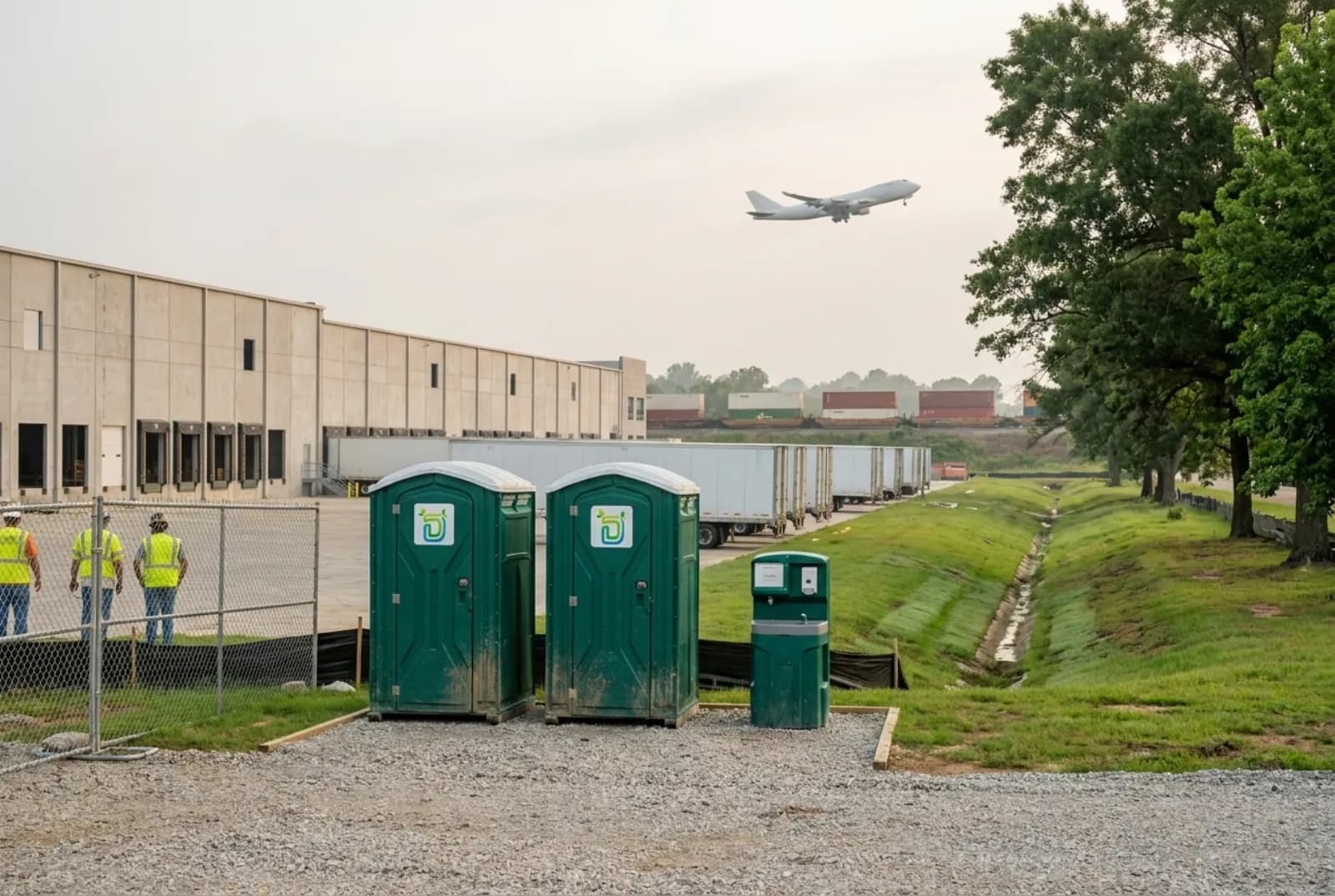Two portable toilets and a hand-wash station on a gravel pad beside a distribution warehouse under construction near Memphis, with trailers at the dock doors, a container train on an embankment, and a cargo jet climbing in a hazy sky.