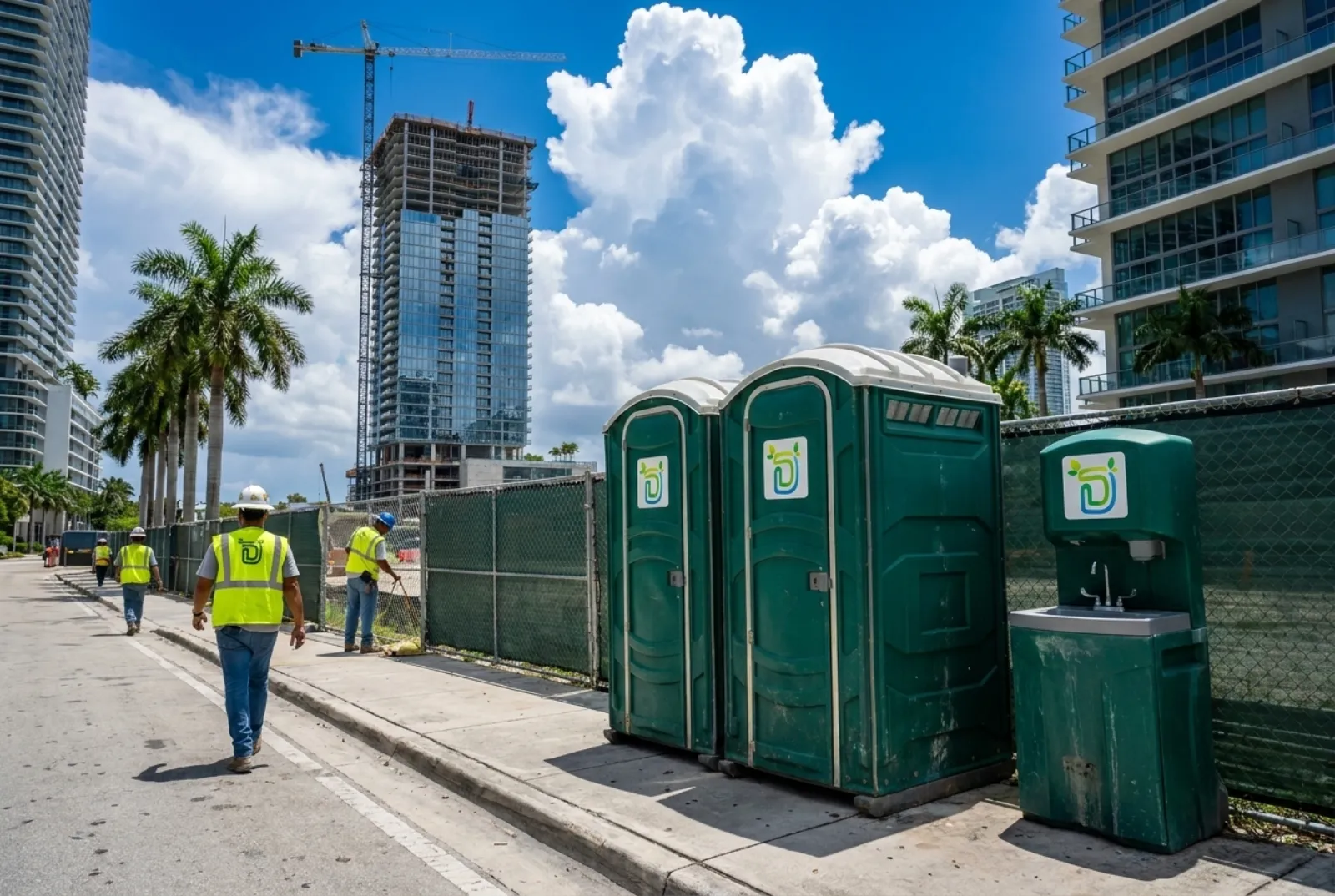 Two portable toilets and a hand-wash station at the curb beside a construction fence at the base of a high-rise tower under construction in Brickell, Miami, with palms and afternoon storm clouds building