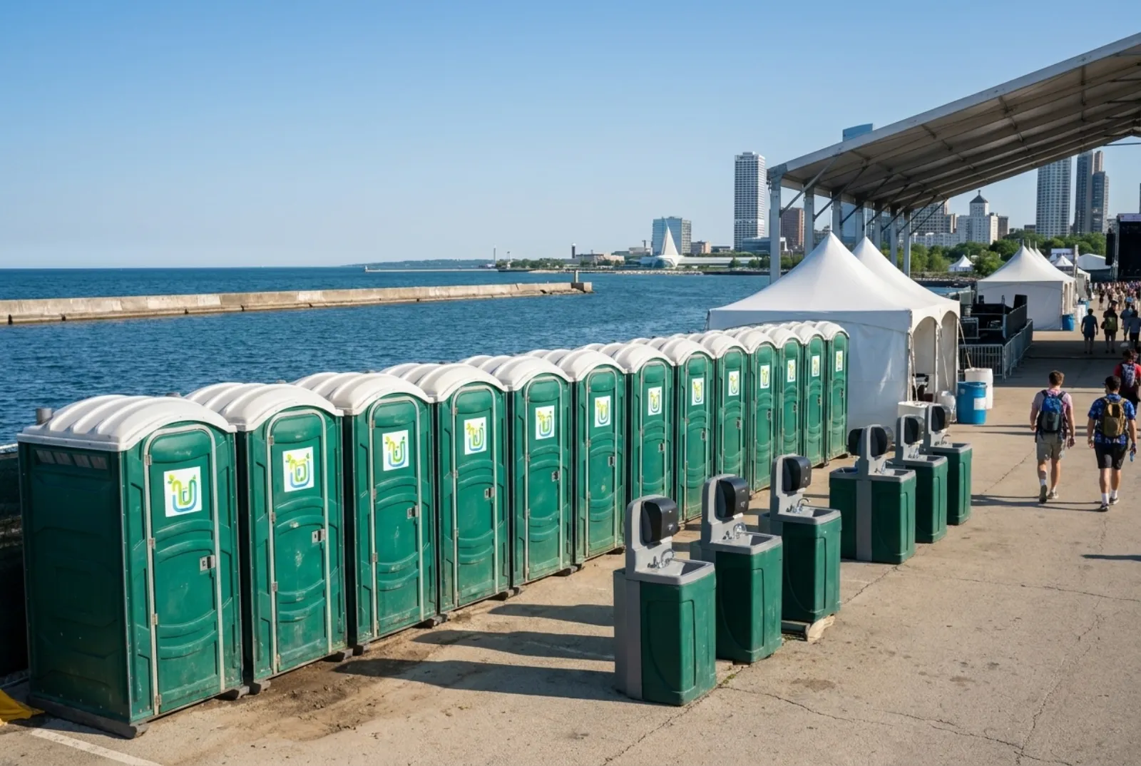 A long row of portable toilets and hand-wash stations on pavement at a lakefront festival grounds, with white tents, a stage roof, Lake Michigan, and the Milwaukee skyline behind