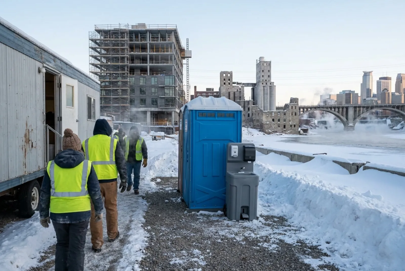 A portable toilet and hand-wash station on a plowed gravel pad at a Minneapolis Mill District jobsite in deep winter, with snowbanks, old mill buildings, the Stone Arch Bridge over the partly frozen Mississippi, and the downtown skyline.
