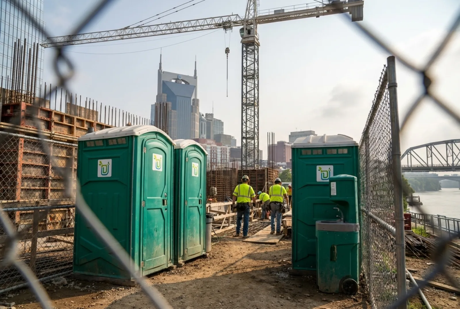 Two portable toilets and a hand-wash station inside the fence of a downtown high-rise construction site, with a tower crane and the twin-spired skyscraper of the Nashville skyline behind