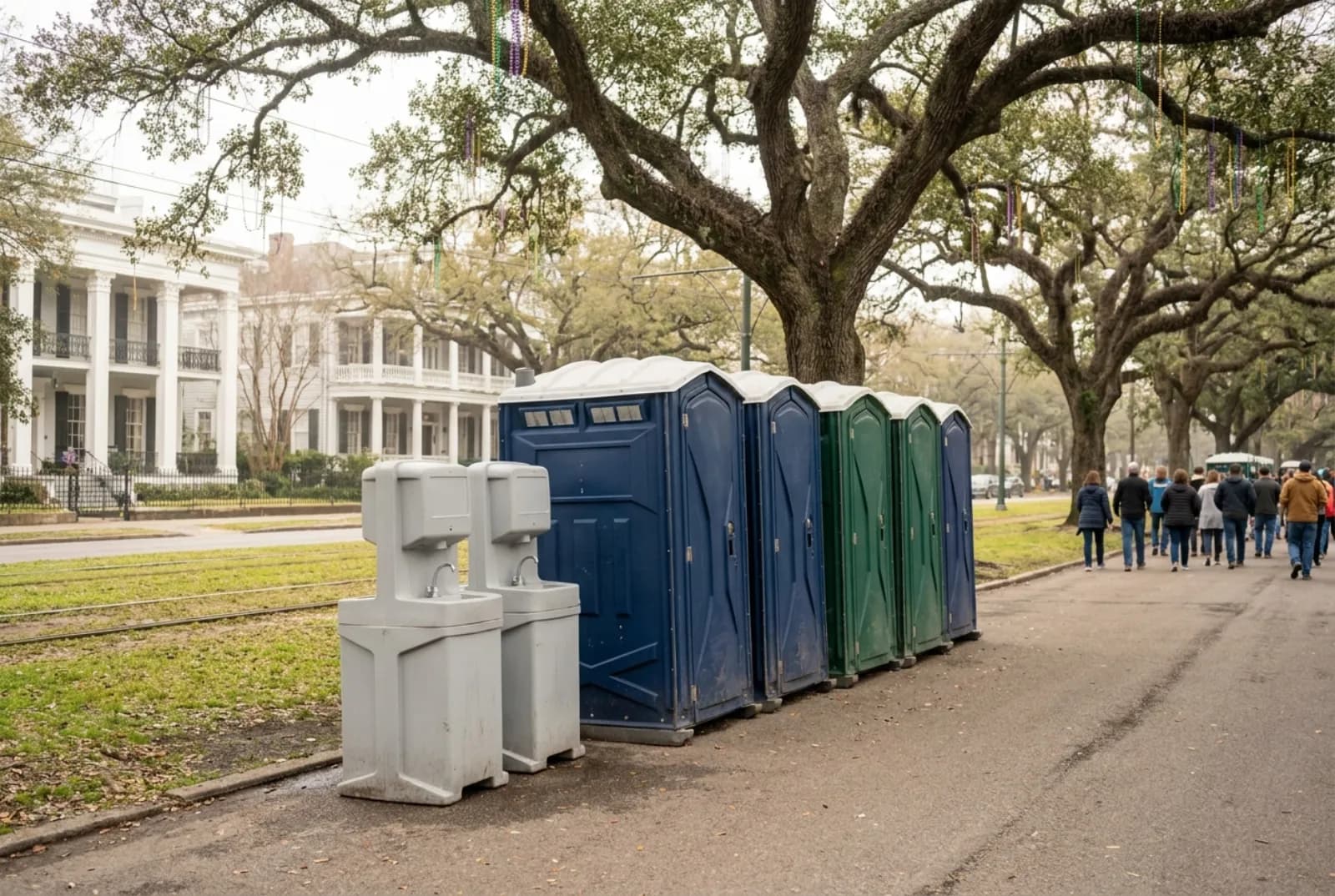 A row of portable toilets and two hand-wash stations on pavement beside a boulevard lined with huge live oaks hung with purple, green, and gold beads, with streetcar tracks and columned mansions behind