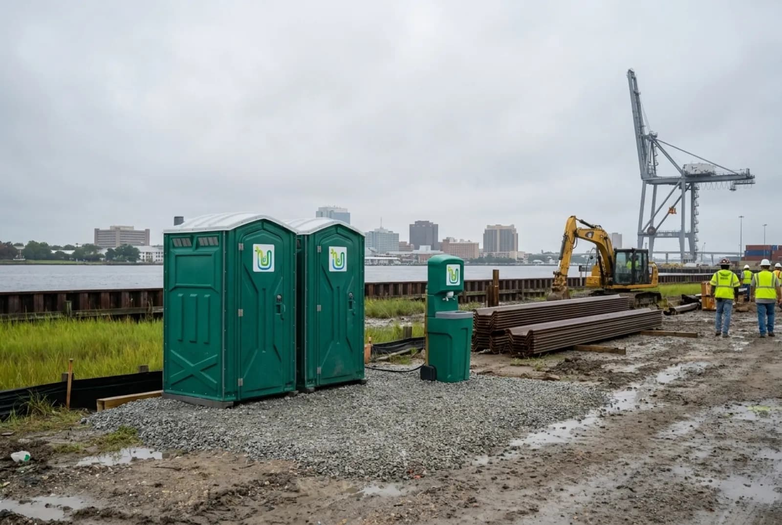 Two portable toilets and a hand-wash station on a gravel pad at a waterfront construction site with a new concrete floodwall, sheet pile, an excavator, and the Norfolk skyline and harbor cranes behind.