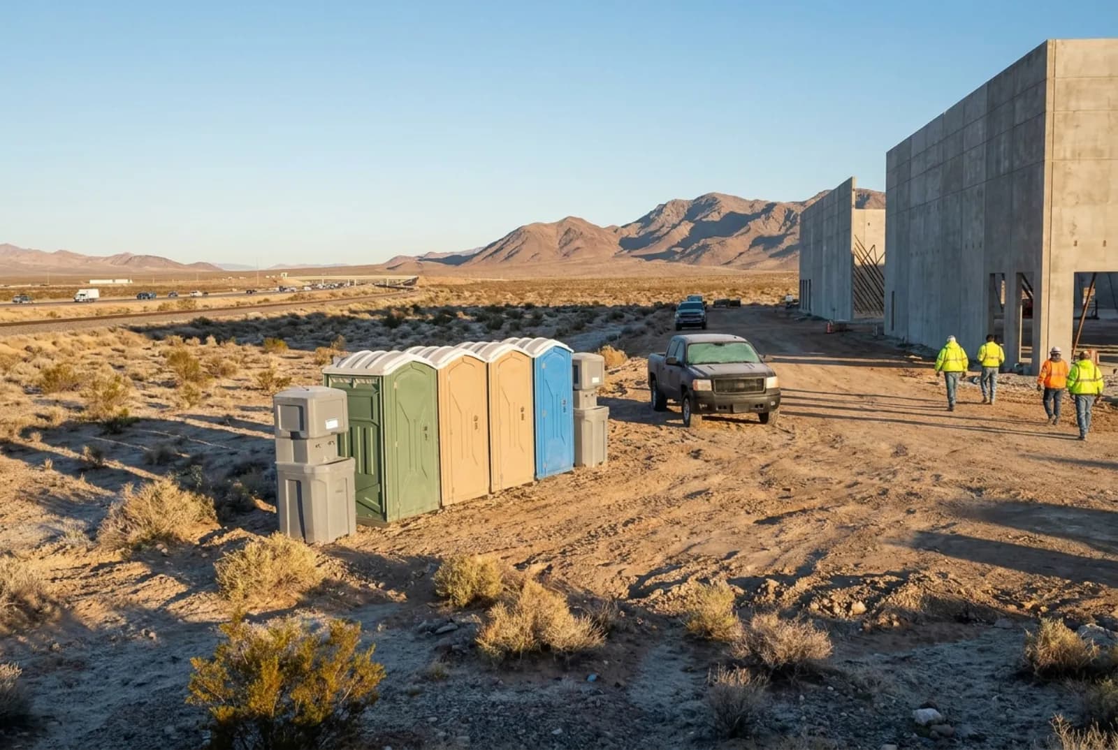Portable toilets and self-contained hand-wash stations anchored on a raw desert pad beside a warehouse under construction near Apex Industrial Park, North Las Vegas.