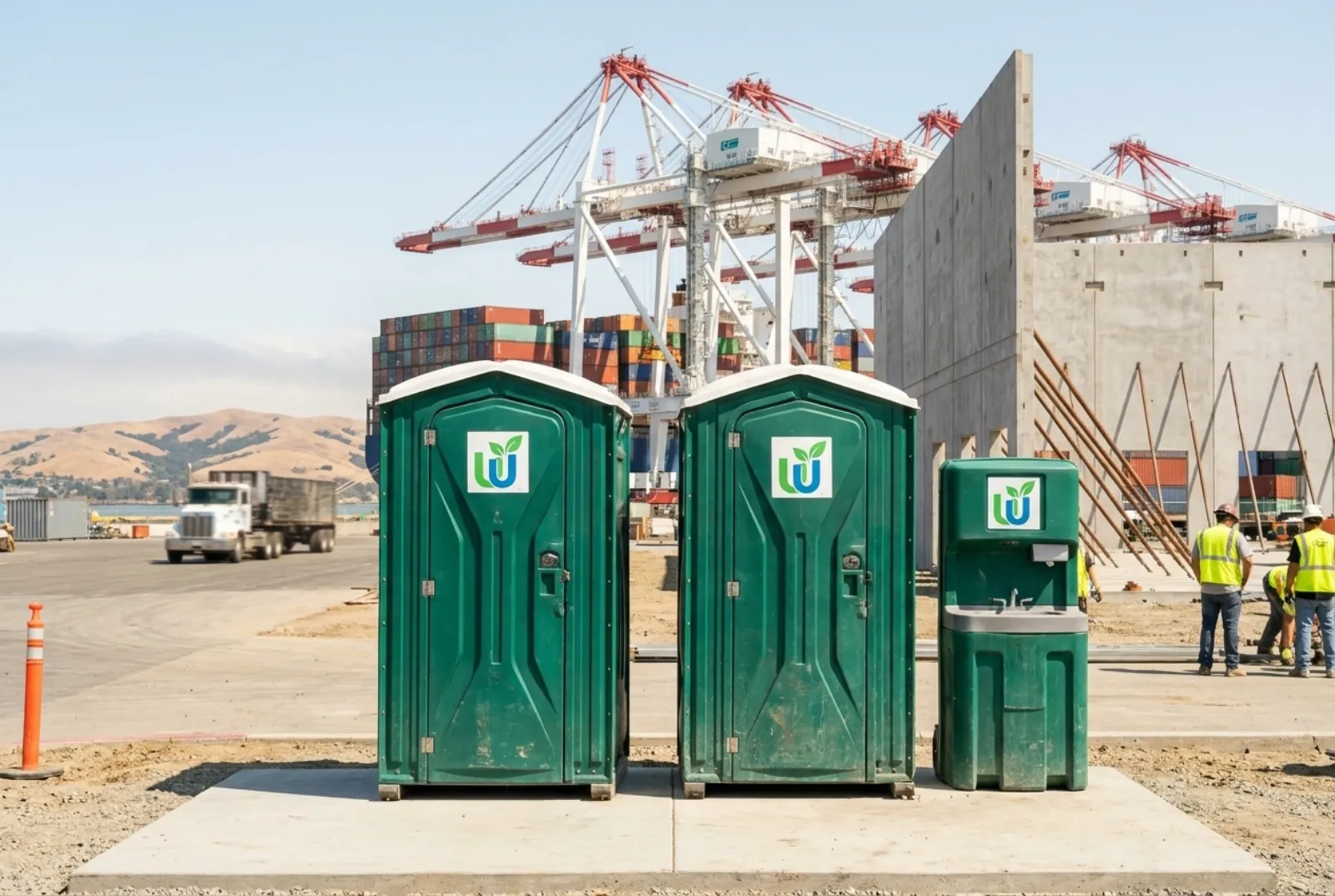 Two portable toilets and a hand-wash station on concrete at a warehouse construction yard, with large container cranes, stacked containers, and golden hills behind