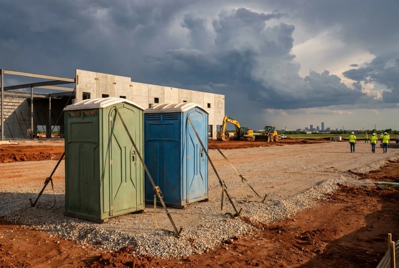 Two portable toilets secured with ratchet straps on a gravel pad at an open construction site on flat red-clay ground, with storm clouds building on the horizon