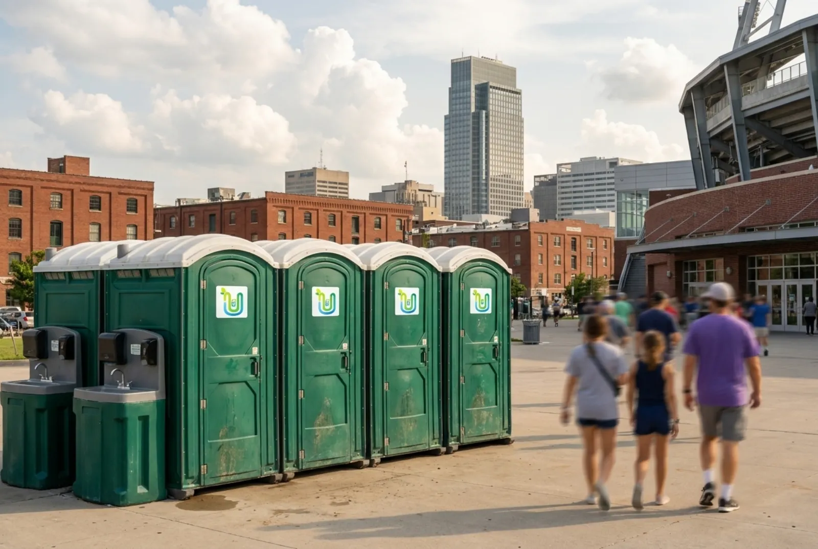A row of green portable toilets with hand-wash stations on a paved lot beside a baseball stadium, with brick warehouse buildings and the downtown Omaha skyline behind