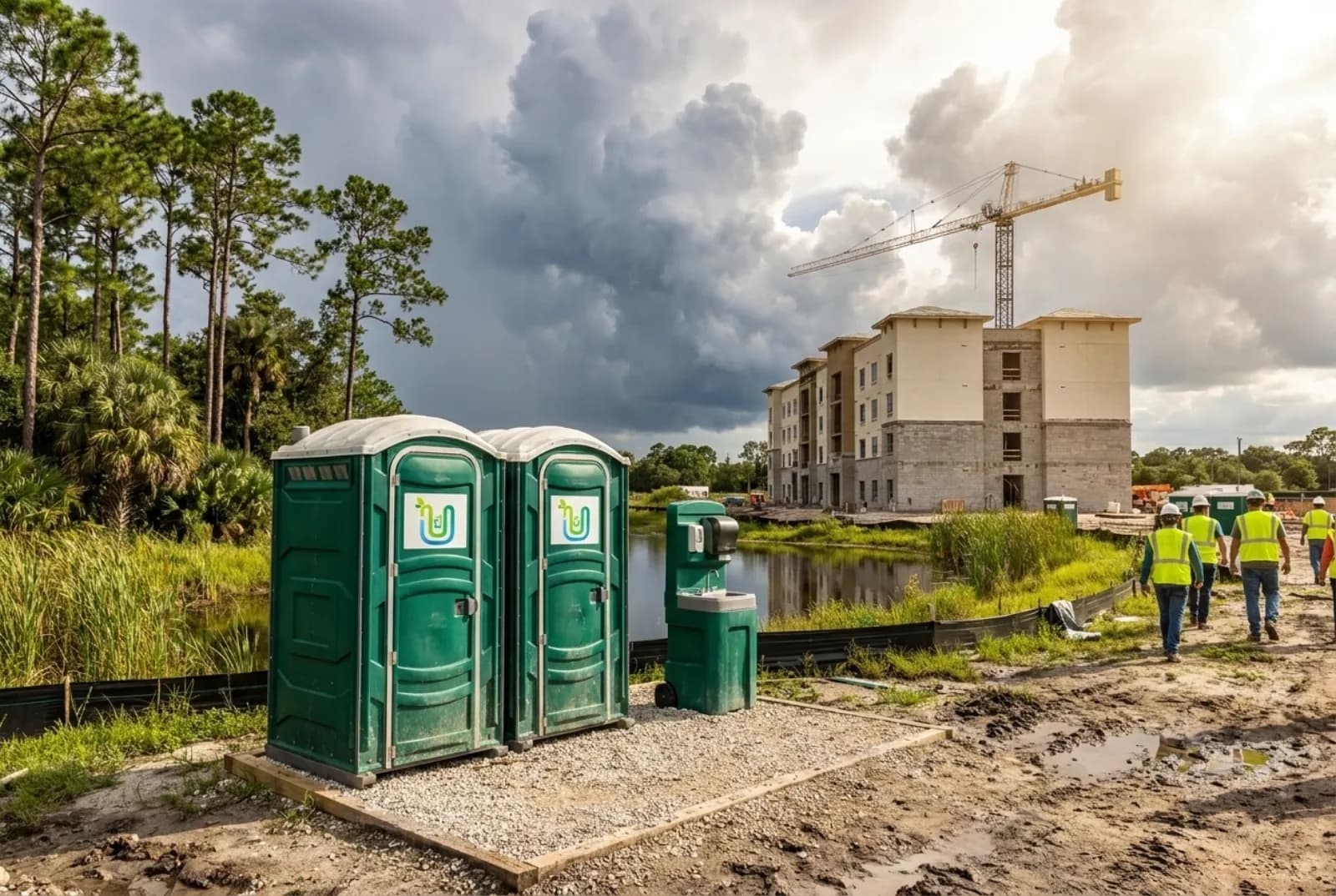 Two portable toilets and a hand-wash station on raised gravel at a construction site, set back from a retention pond, with tall thunderheads building over palms and pines