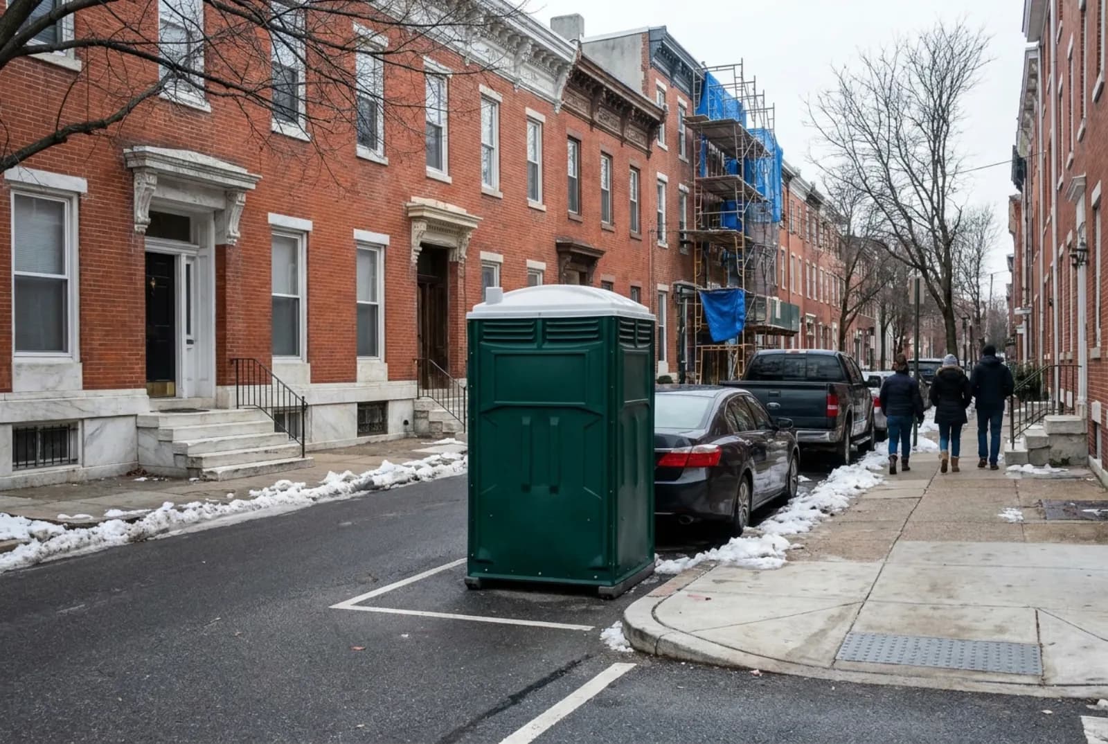 A portable toilet in a curbside parking space on a narrow street of red-brick rowhouses with marble steps, bare trees, and light snow along the curb