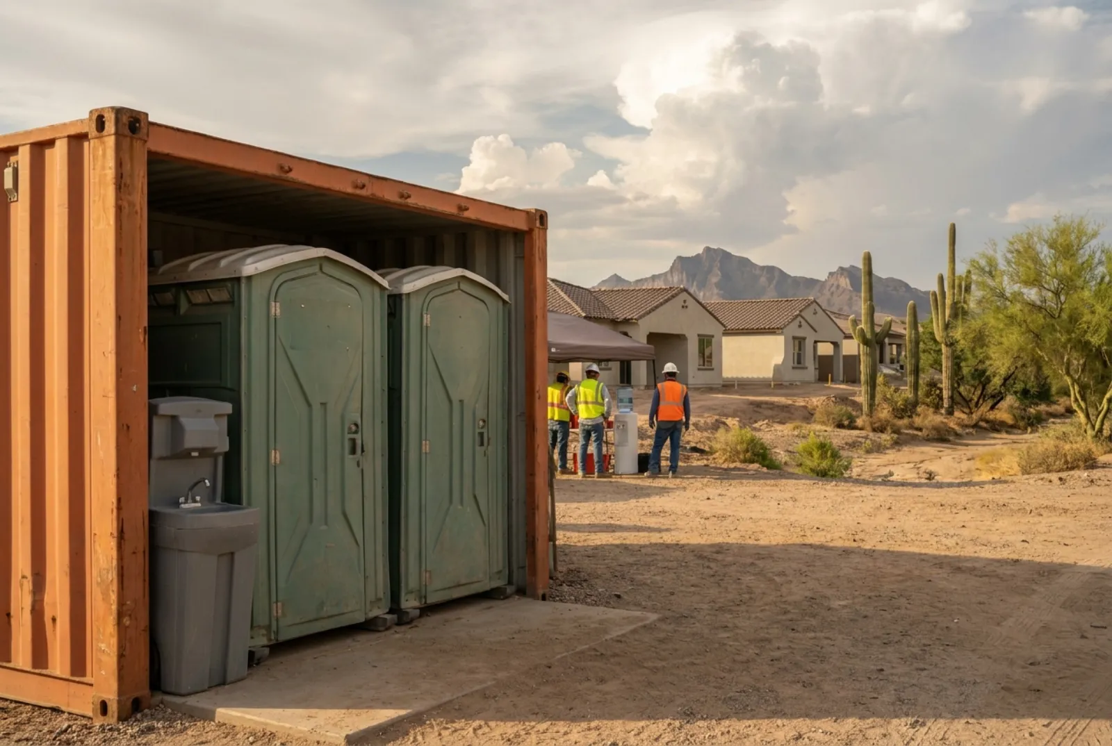 Two portable toilets and a hand-wash station on a gravel pad beside a shipping container at a Phoenix-area home subdivision under construction, with saguaro cactus, a desert mountain, and monsoon thunderheads on the horizon.