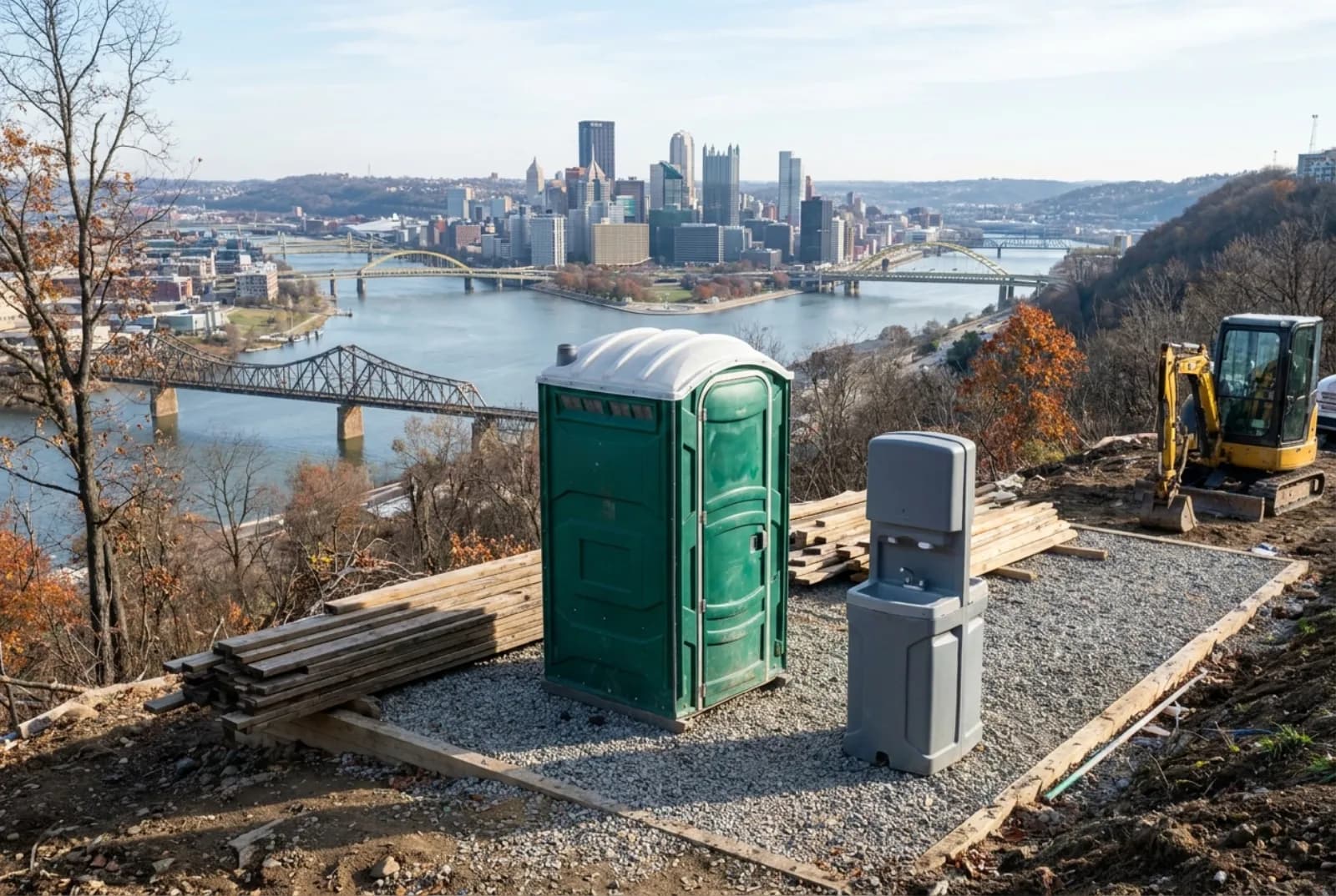 A portable toilet and a hand-wash station on a level gravel pad at a steep hillside construction site, overlooking a river crossed by steel bridges and a downtown skyline