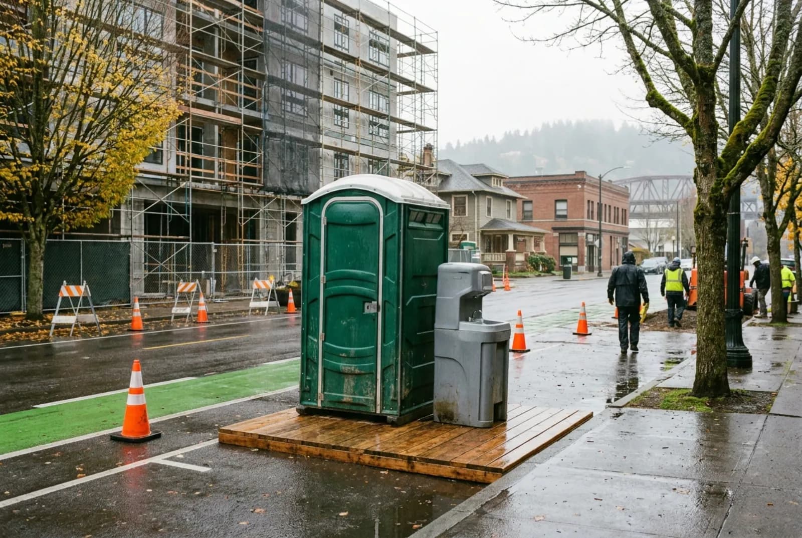 A portable toilet and hand-wash station on a level pad in a coned-off curbside parking space beside a mid-rise building under construction on a wet Portland street, with a clear green bike lane and a river bridge in the mist beyond.