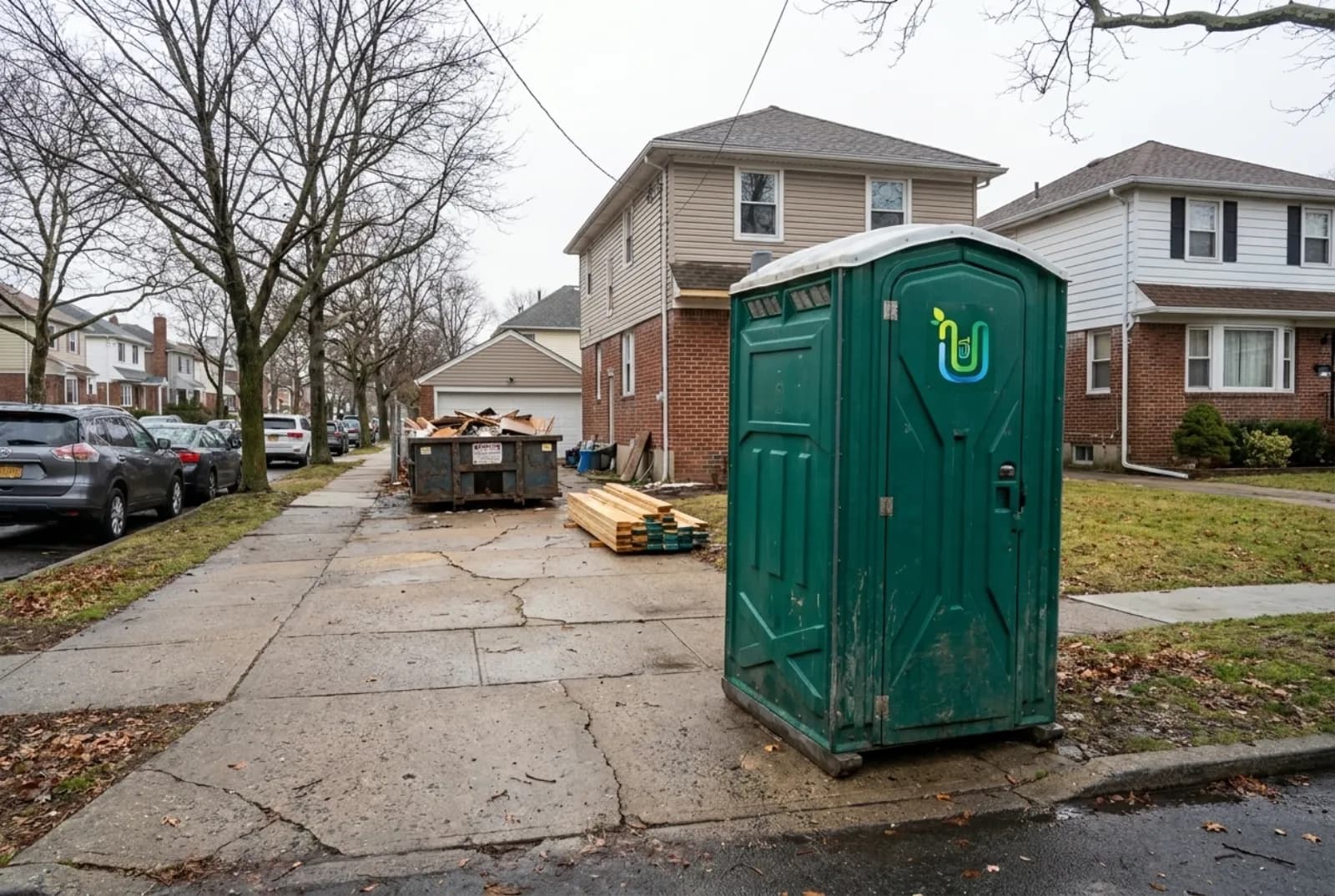 A portable toilet on a concrete driveway beside a detached brick one-family home, with lumber and a small dumpster up the driveway and a row of similar homes along the street