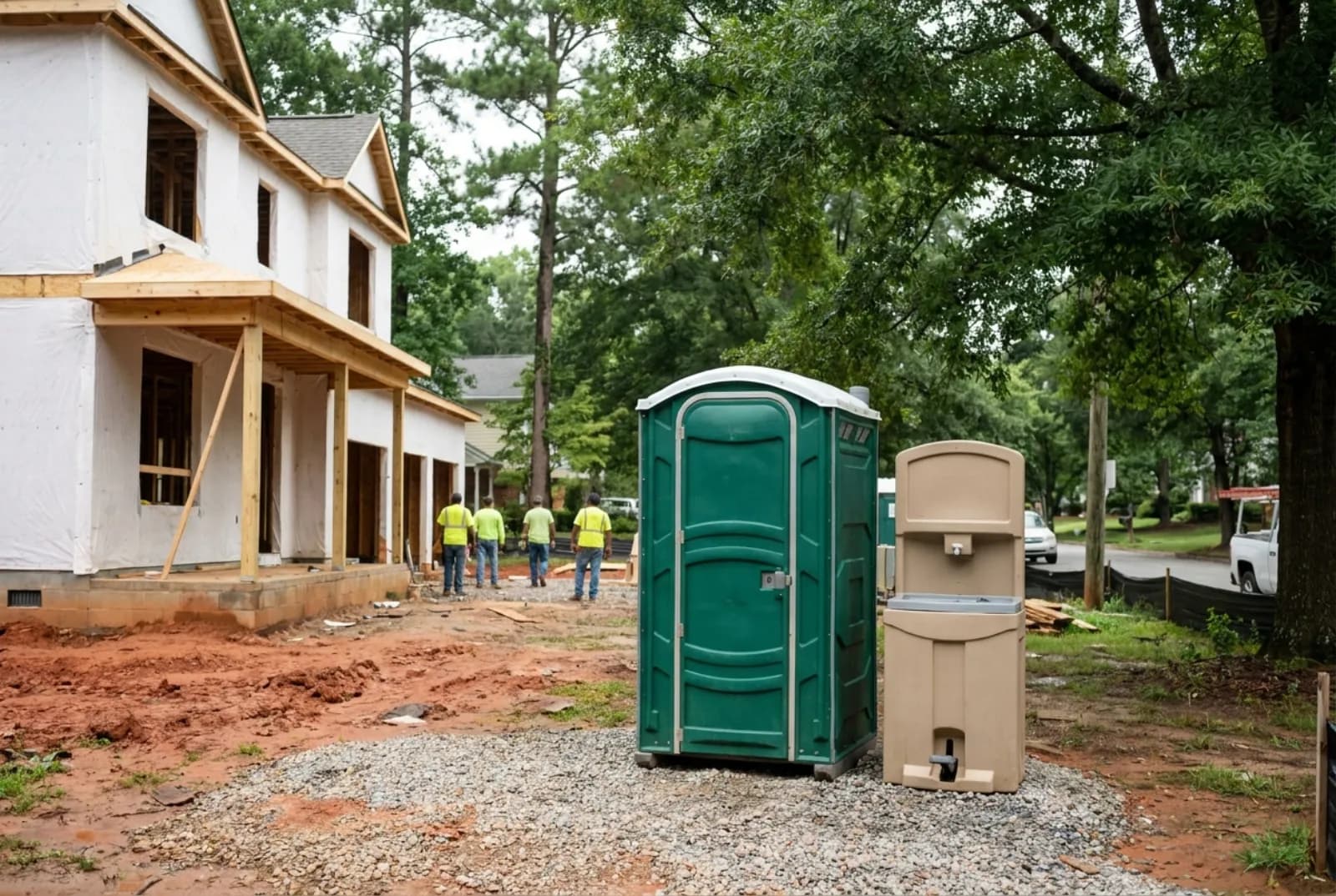 A portable toilet and a hand-wash station on level gravel inside a house construction lot under tall oaks and pines in a Raleigh neighborhood, set back from the sidewalk on red clay ground