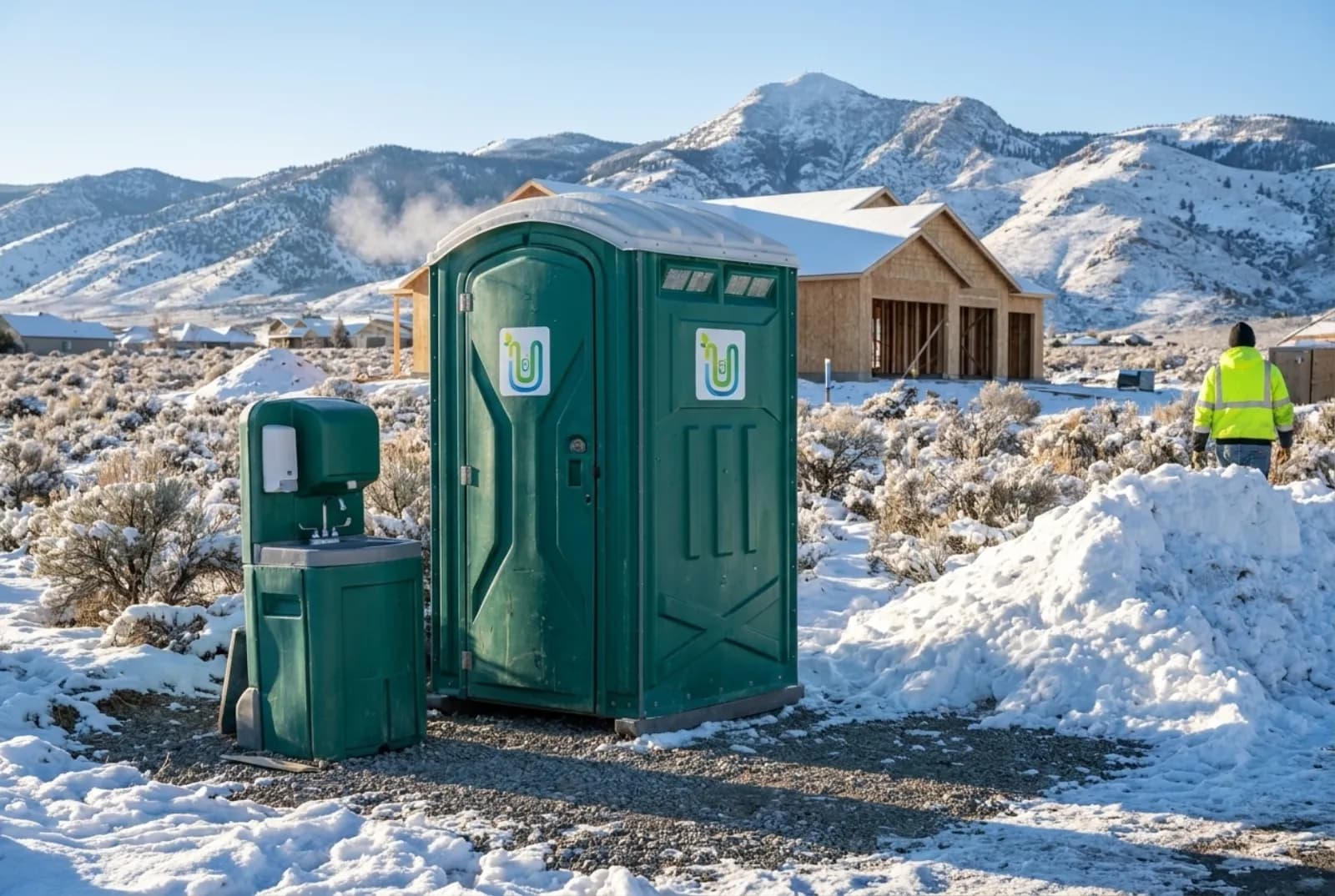 Winterized portable toilet and hand-wash station on a cleared gravel pad at a snowy Reno construction site, with Sierra foothills behind.