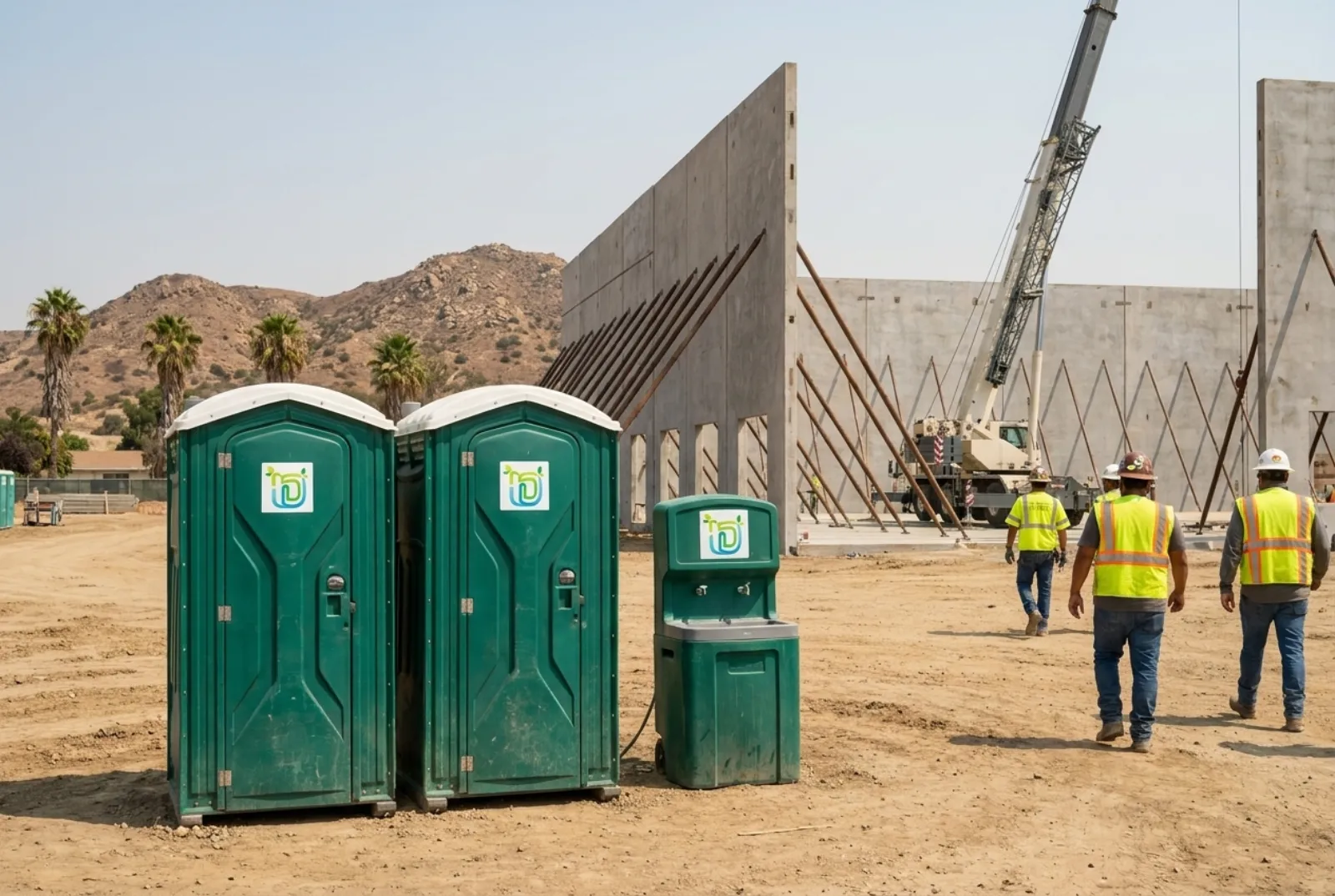 Two portable toilets and a hand-wash station at the edge of a large tilt-up warehouse construction site, with braced concrete panels, a crane, palms, and dry brown hills under a hazy sky
