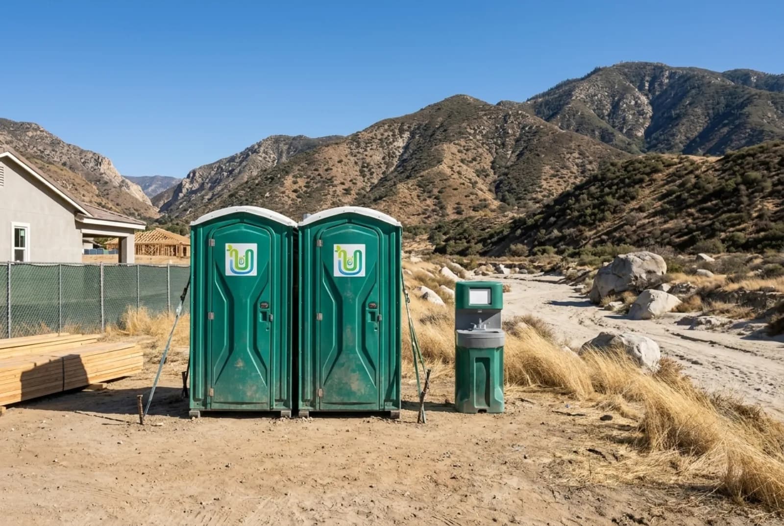 Two portable toilets strapped to stakes and a hand-wash station on a cleared dirt pad at a house construction site, with dry chaparral-covered mountains and a mountain pass behind under a clear sky