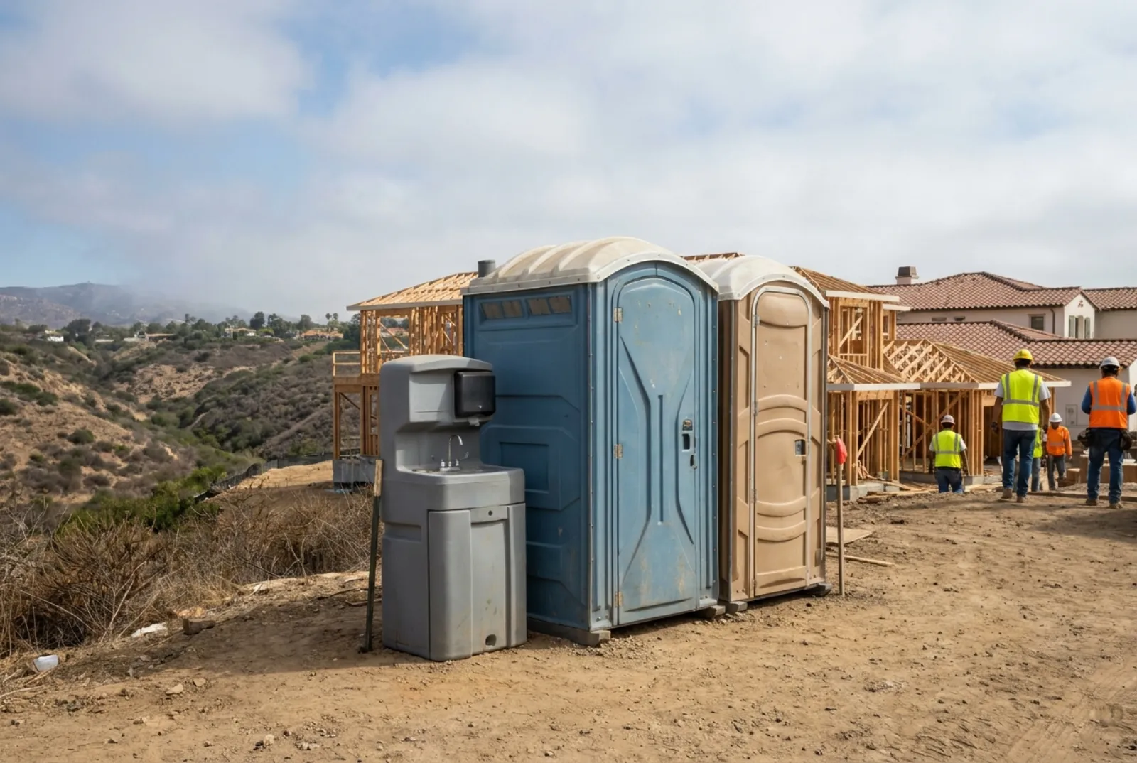 Two portable toilets and a hand-wash station on level ground beside a framed house under construction on a dry canyon rim in San Diego, with chaparral, palms, and tile-roofed homes nearby