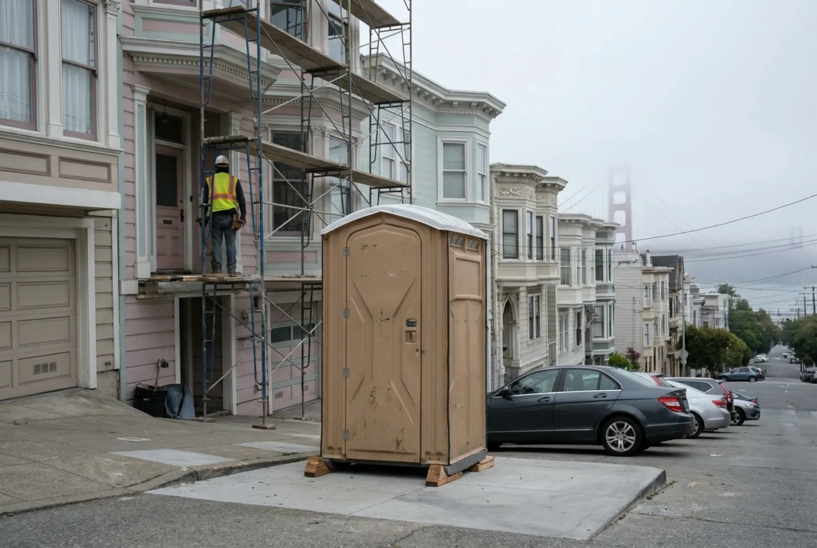 A portable toilet on a flat pad in front of a Victorian row house under renovation on a steep street, with low fog and a faint bridge tower outline in the background