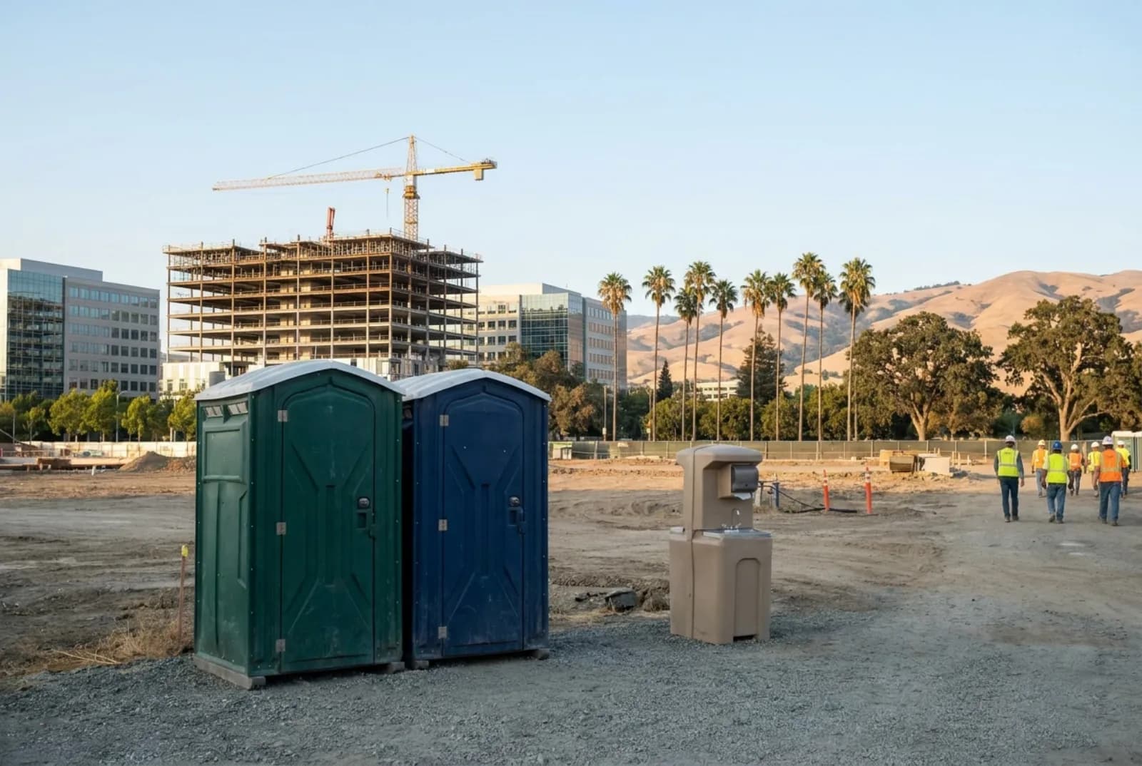 Two portable toilets and a hand-wash station on level gravel beside a mid-rise construction site with a tower crane, glass office buildings, palm trees, and dry golden foothills behind
