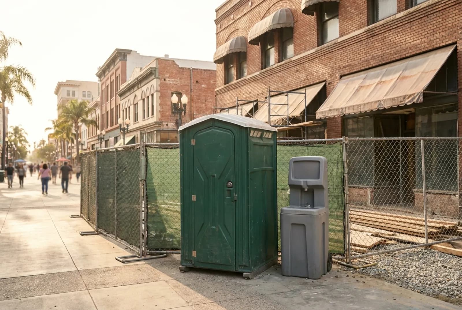 A portable toilet and a hand-wash station inside a fenced renovation site on a downtown street of early-1900s brick and stucco storefronts with awnings and palm trees