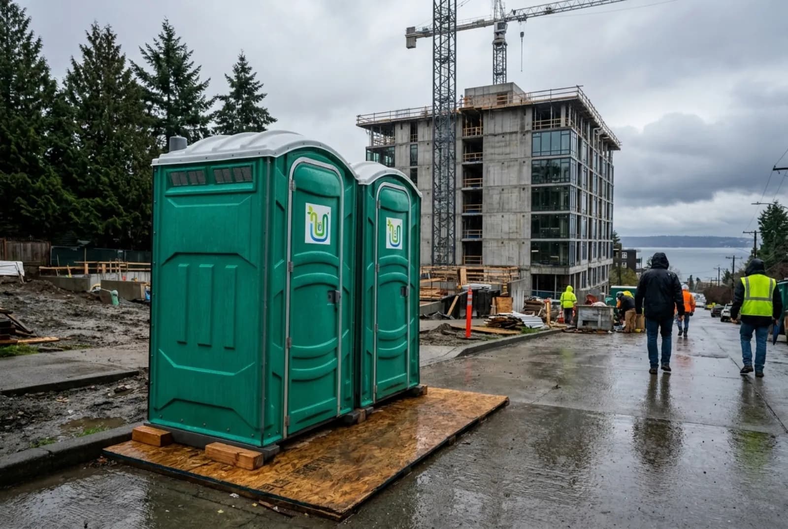 Two green portable toilets on a level plywood pad beside a construction site on a steep, wet street, with a tower crane, evergreens, and gray water and clouds down the hill