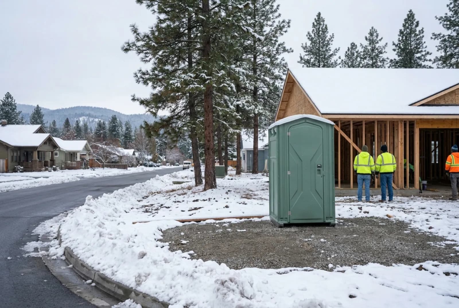 A portable toilet on a cleared gravel pad at a house under construction in winter, set back from a cleared sidewalk, with light snow, ponderosa pines, a plowed berm at the curb, and older homes across the street