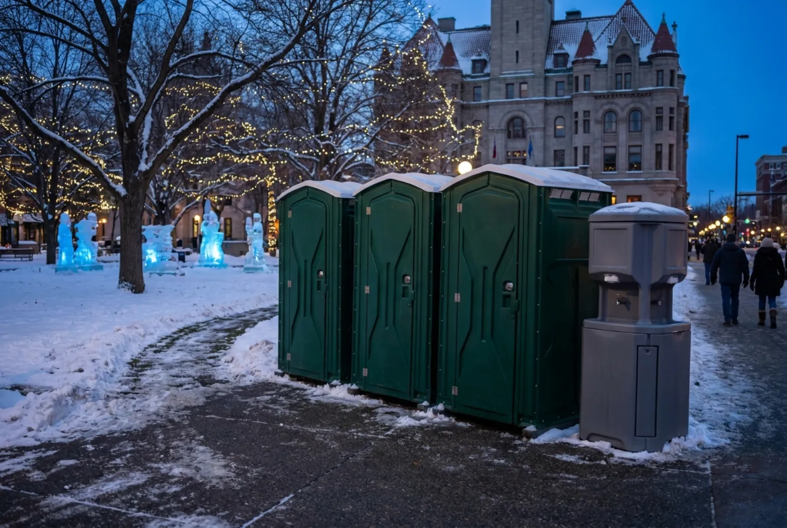 A row of portable toilets and a hand-wash station on a plowed paved area beside snowy Rice Park in downtown St. Paul at twilight, with lit ice sculptures and the turreted Landmark Center behind.