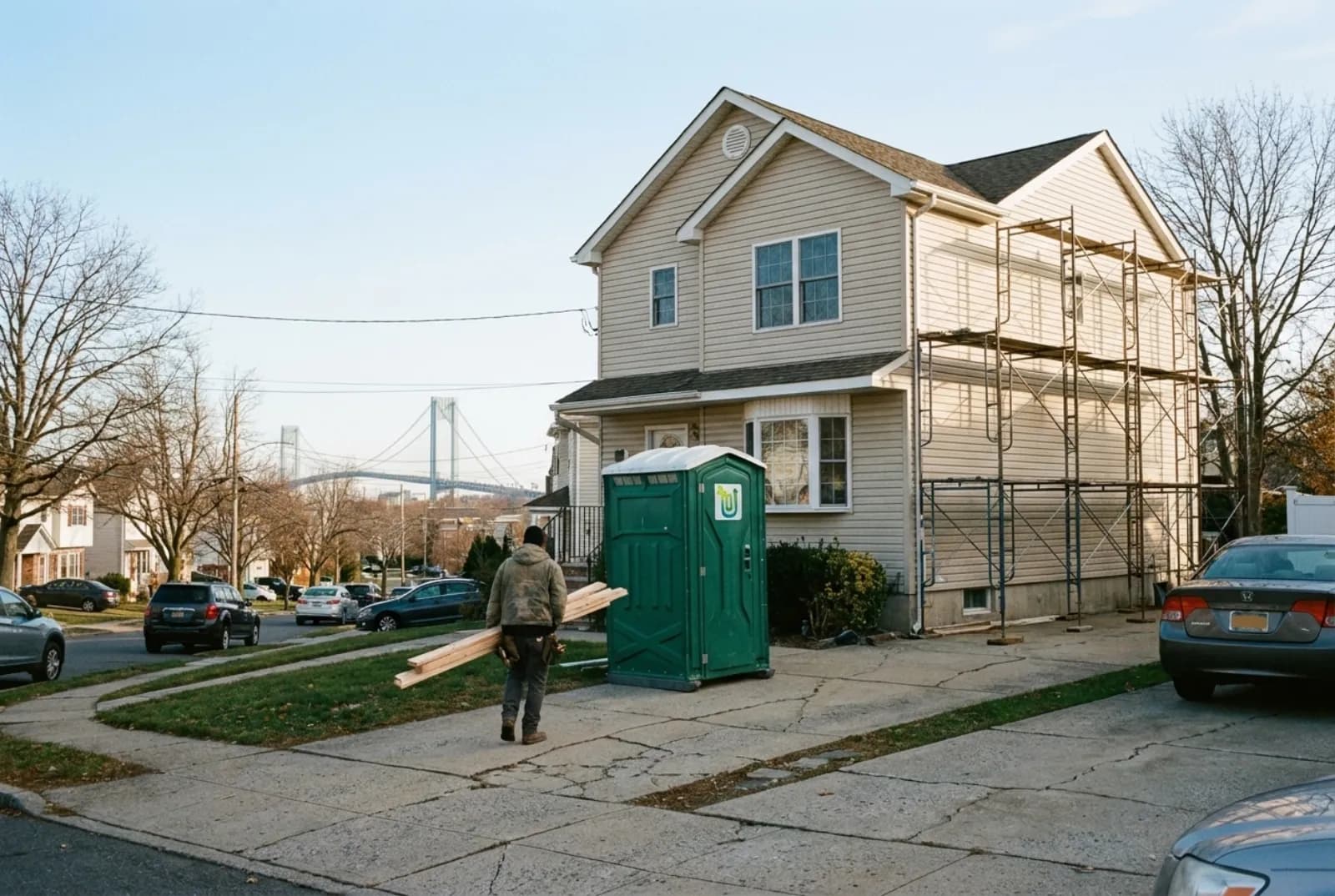 A portable toilet on the driveway of a two-story house under renovation on a quiet residential street, with the Verrazzano-Narrows Bridge towers visible in the distance