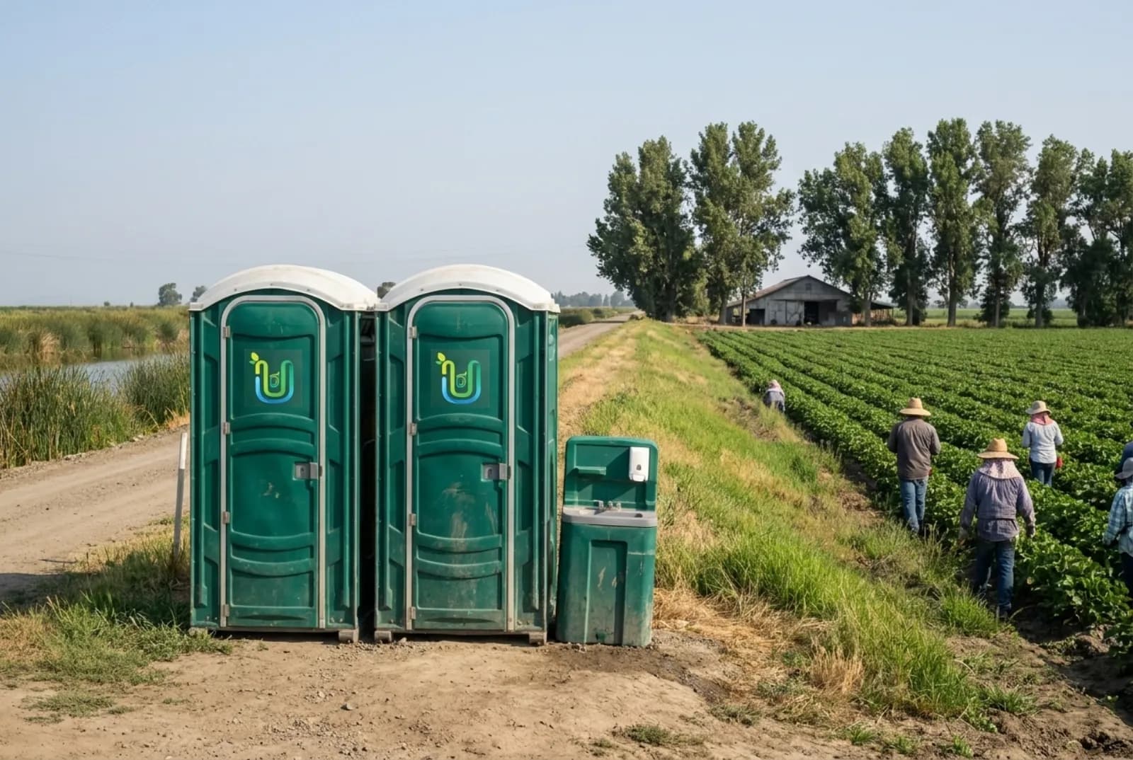 Two portable toilets and a hand-wash station on level ground at the base of a grassy levee beside a green row-crop field, with a levee-top road, reeds, and cottonwoods behind