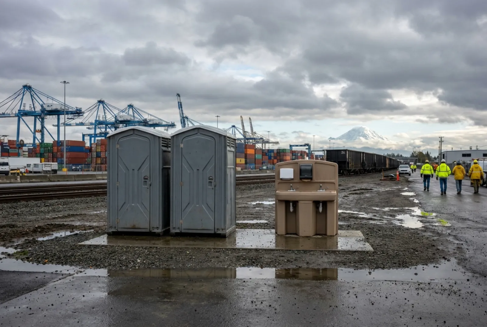 Two portable toilets and a hand-wash station on a level gravel pad at an industrial site with container cranes, stacked containers, a rail spur, wet pavement, and snow-capped Mount Rainier in the distance
