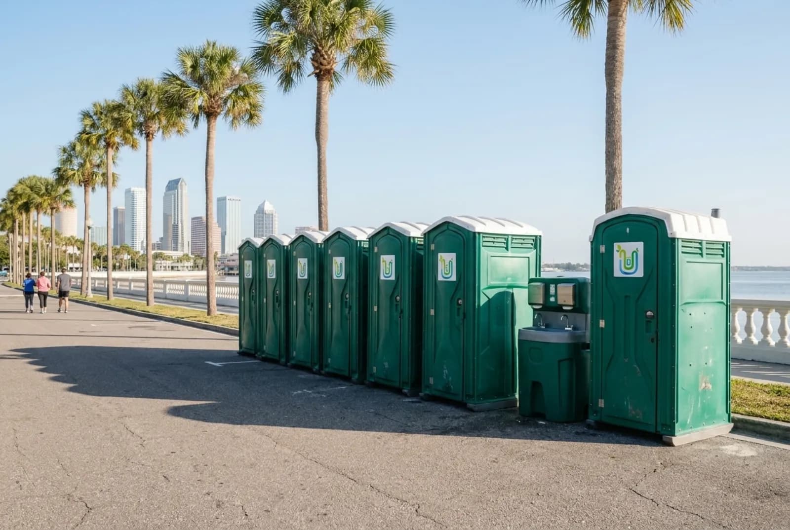 A row of portable toilets and two hand-wash stations on level pavement beside Bayshore Boulevard, with the white seawall balustrade, palm trees, calm bay water, and the downtown Tampa skyline behind