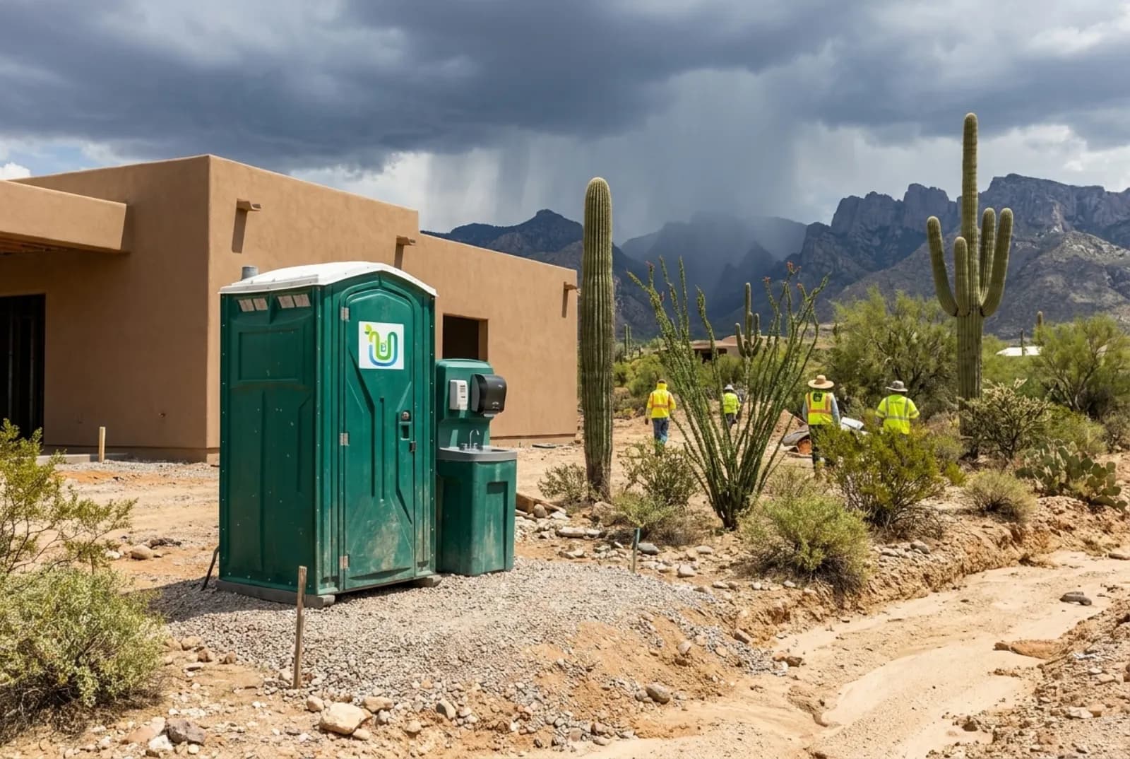 A portable toilet and hand-wash station staked on a raised gravel pad at a desert home under construction in the Tucson foothills, with saguaros, the Santa Catalina Mountains, and monsoon storm clouds over the peaks.