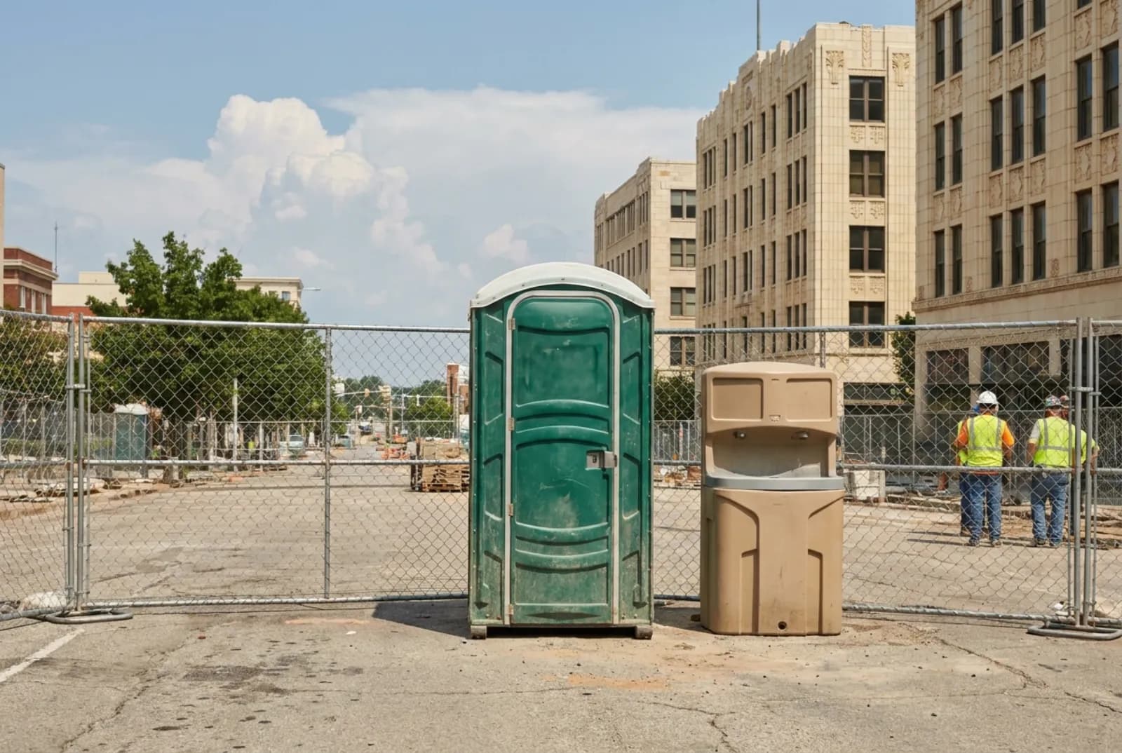 A portable toilet and a hand-wash station on level pavement inside a fenced renovation site on a downtown street of Art Deco buildings, with storm clouds building in a hazy sky