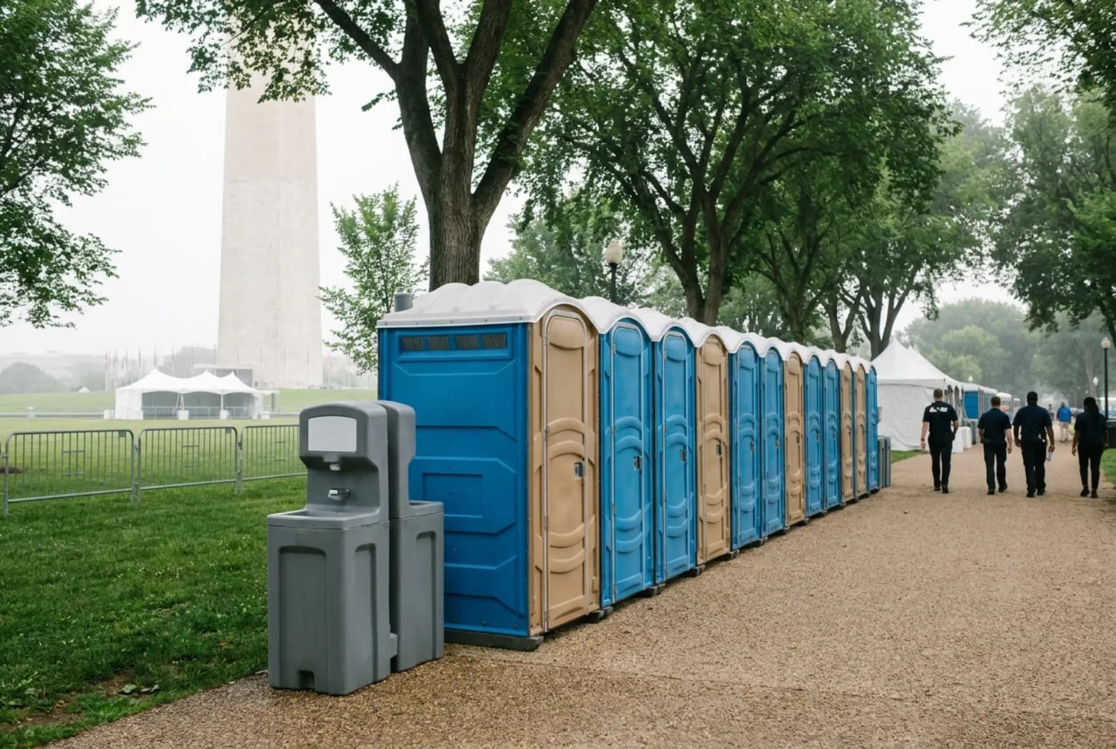 A long row of portable toilets with hand-wash stations on a gravel path beside the National Mall lawn, with elm trees, event tents, and the Washington Monument behind
