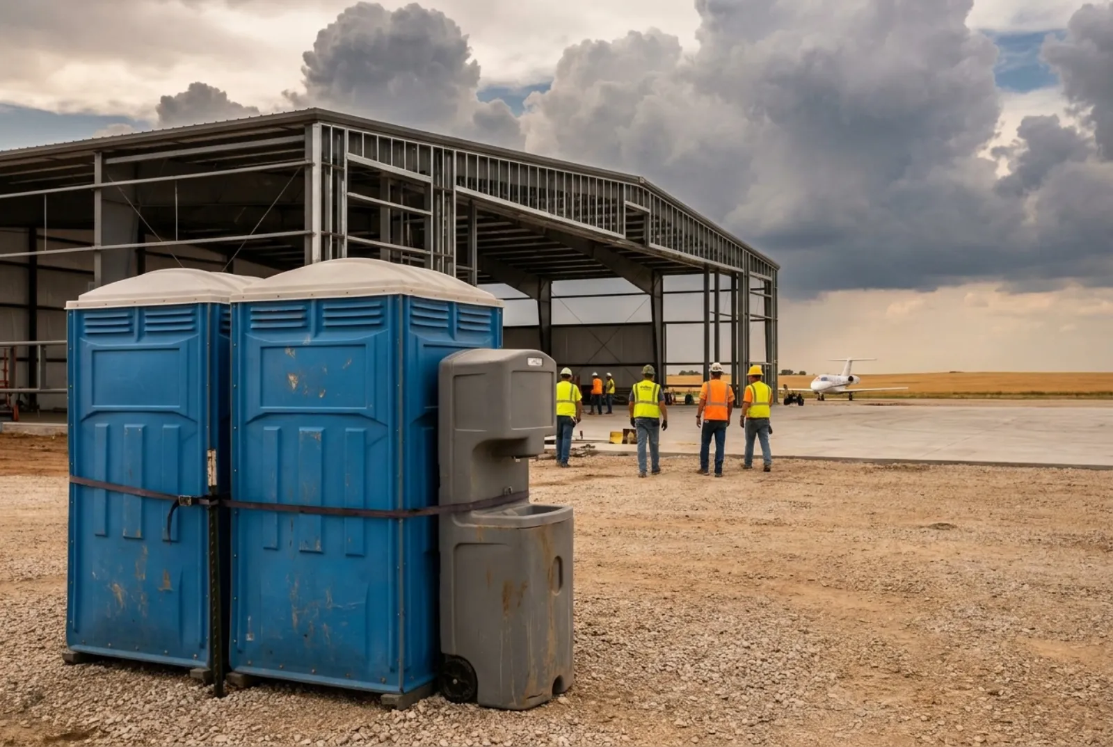 Two portable toilets and a hand-wash station strapped in place on gravel beside a steel hangar under construction, with a small jet on the apron and storm clouds building over flat plains
