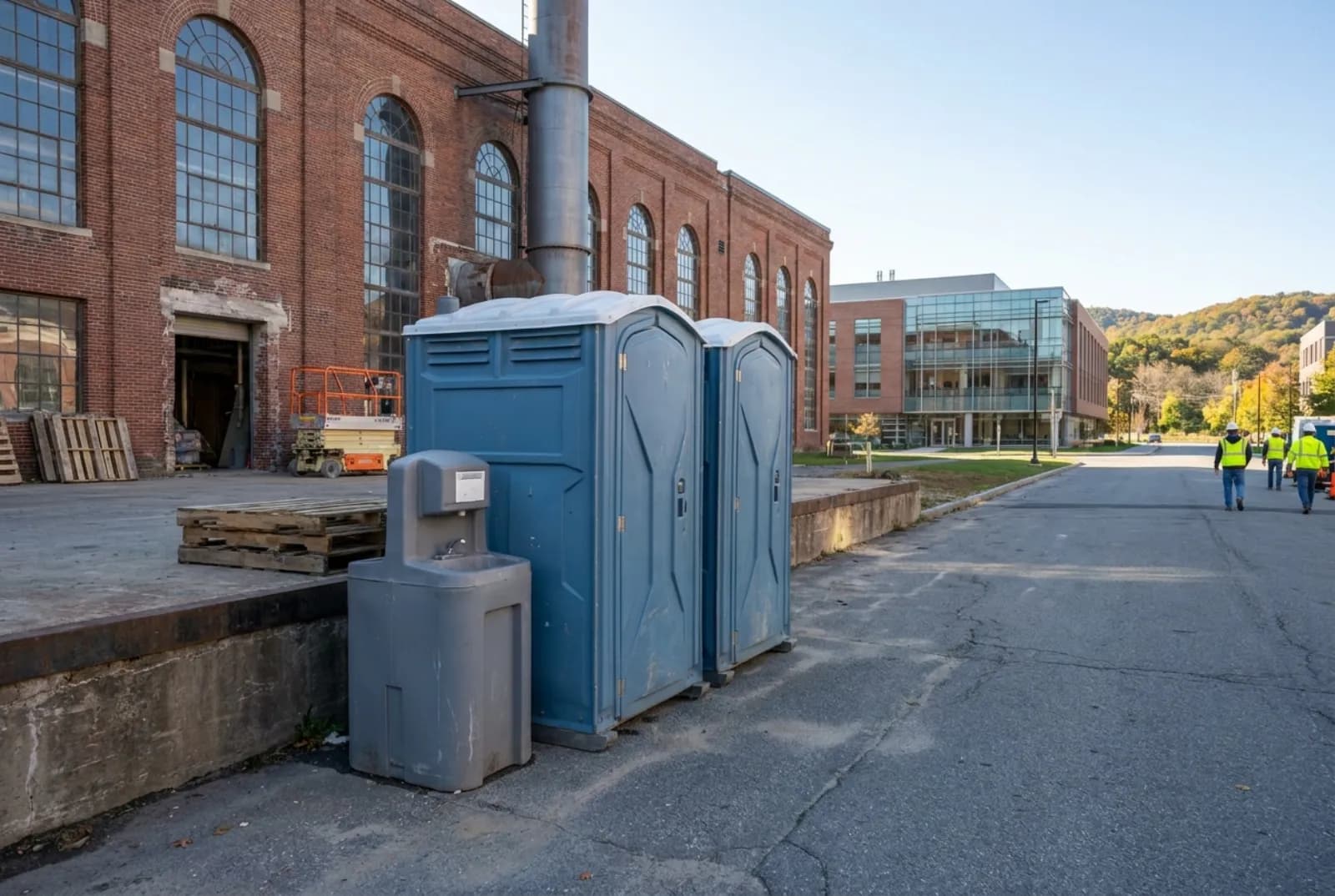 Two portable toilets and a hand-wash station beside the loading dock of a converted red-brick tobacco warehouse in downtown Winston-Salem in autumn.