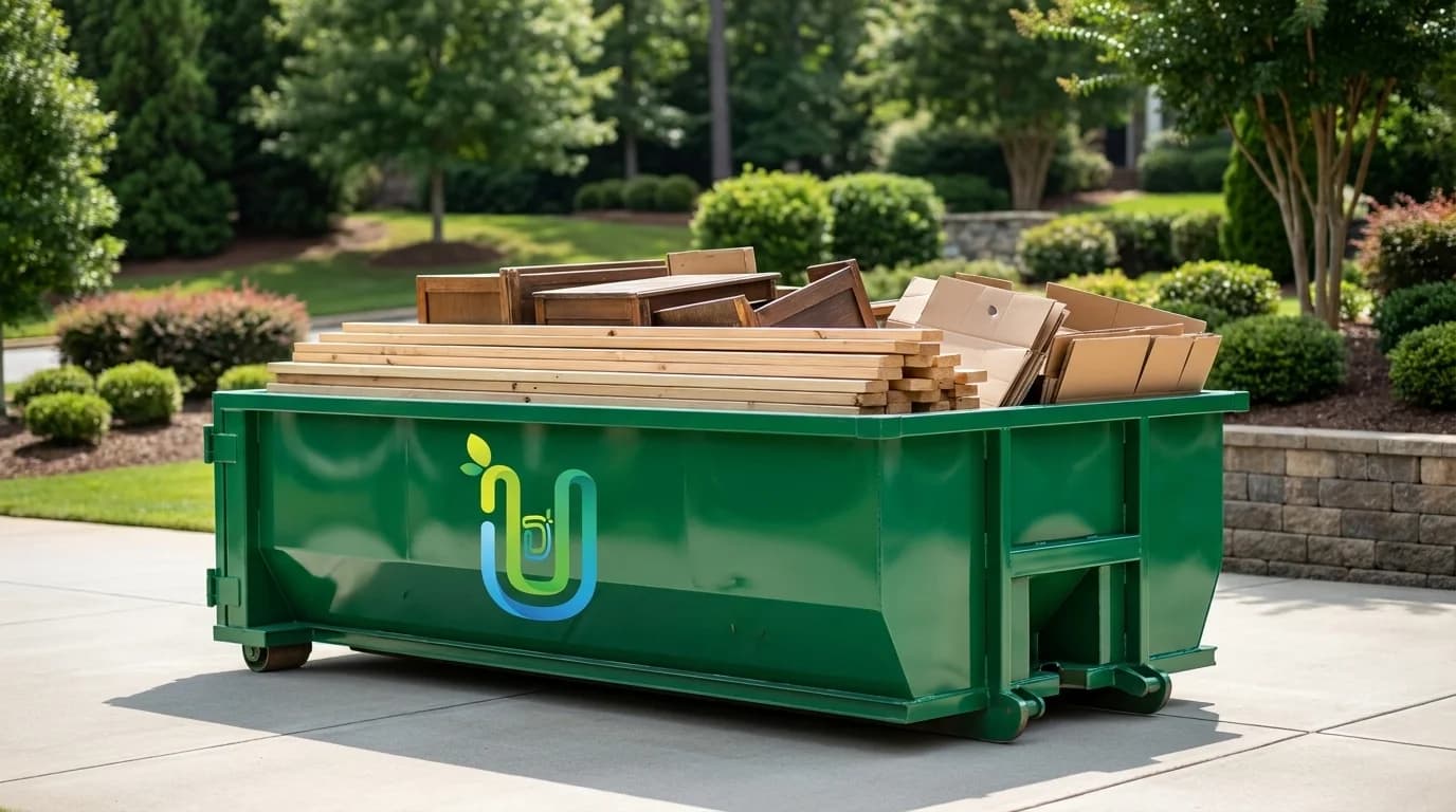 Ultimate Dumpsters emerald-green roll-off dumpster loaded with allowed debris like lumber, furniture and cardboard