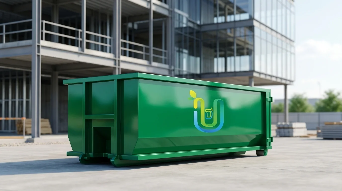 Ultimate Dumpsters emerald-green roll-off dumpster at a professional commercial construction site