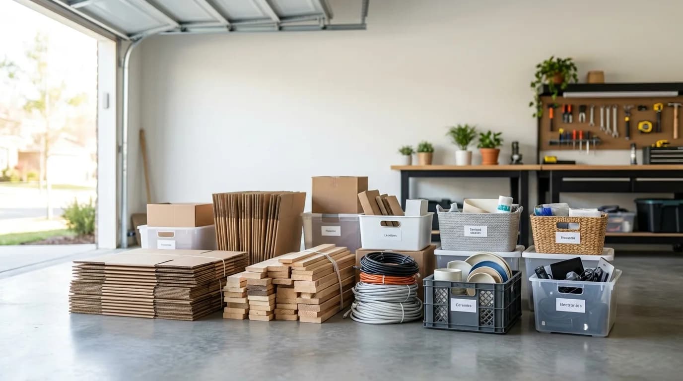 Organized household and renovation debris sorted for disposal in a clean garage