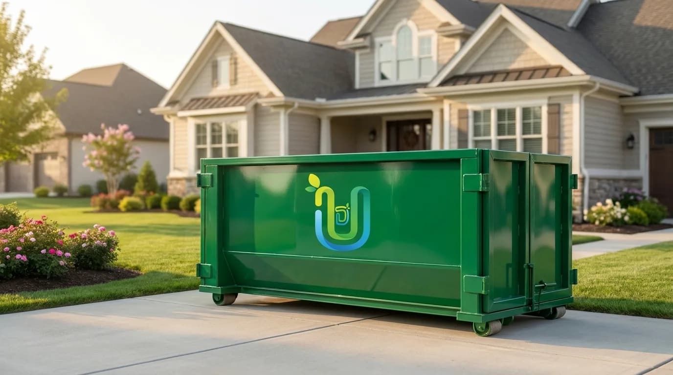 Ultimate Dumpsters emerald-green roll-off dumpster freshly delivered to a suburban driveway