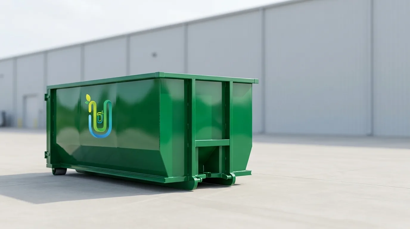 Ultimate Dumpsters emerald-green 20 yard roll-off dumpster, the container behind the rental data