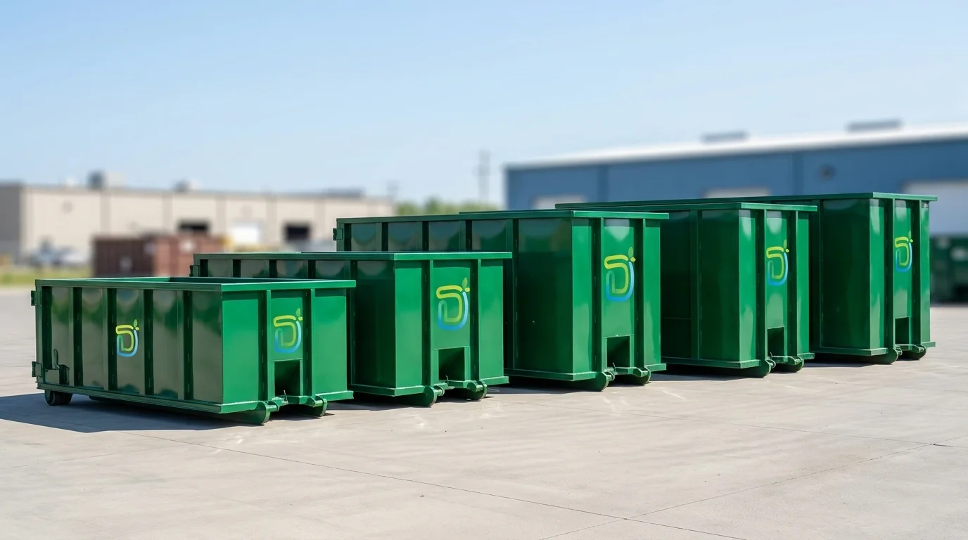 A lineup of Ultimate Dumpsters emerald-green roll-off dumpsters from small to large, showing the range of dumpster sizes